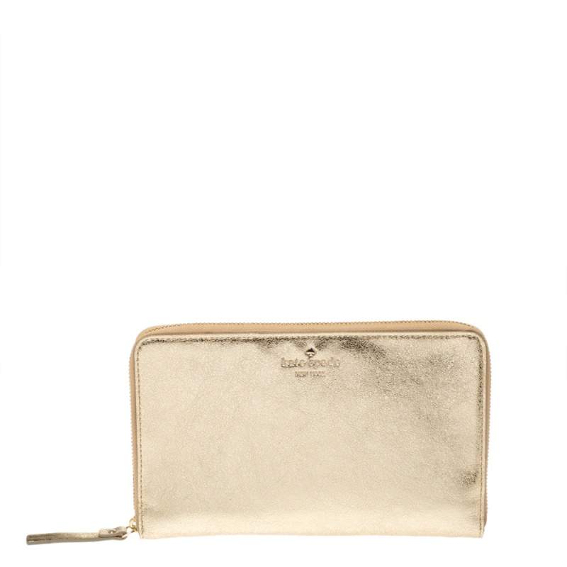 Pre Owned محفظة كيت سبيد سحاب ملتف كبيرة جلد ذهبية ميتالك