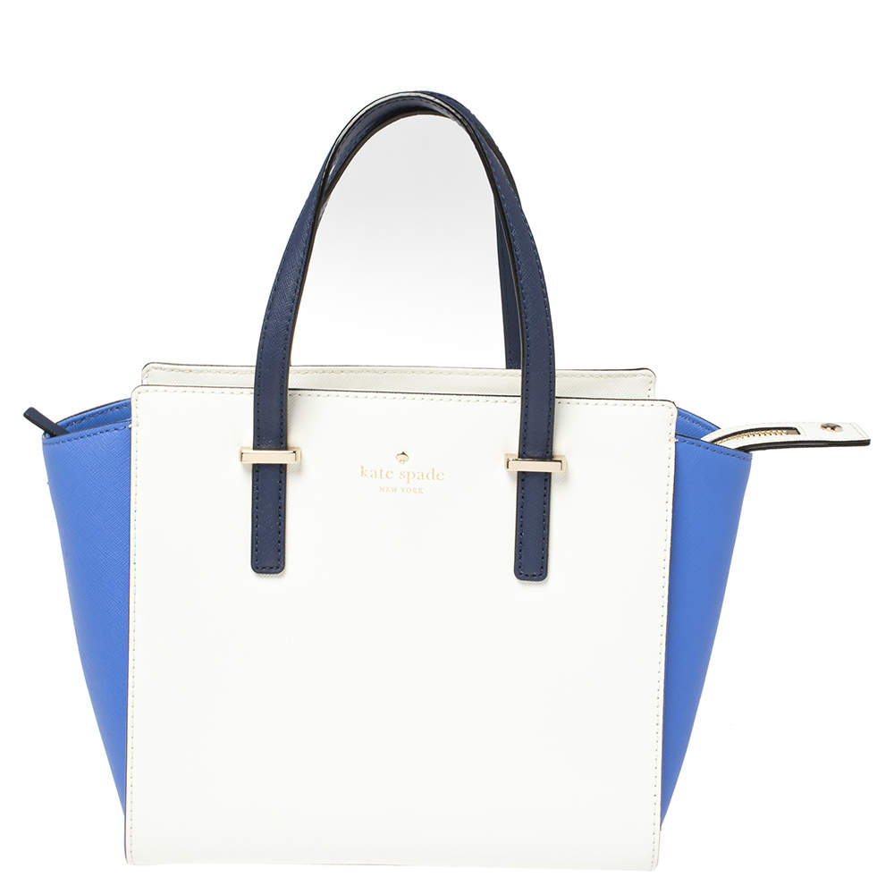 Pre Owned Kate Spade Blue/White Leather Small Cedar Street Hayden Tote