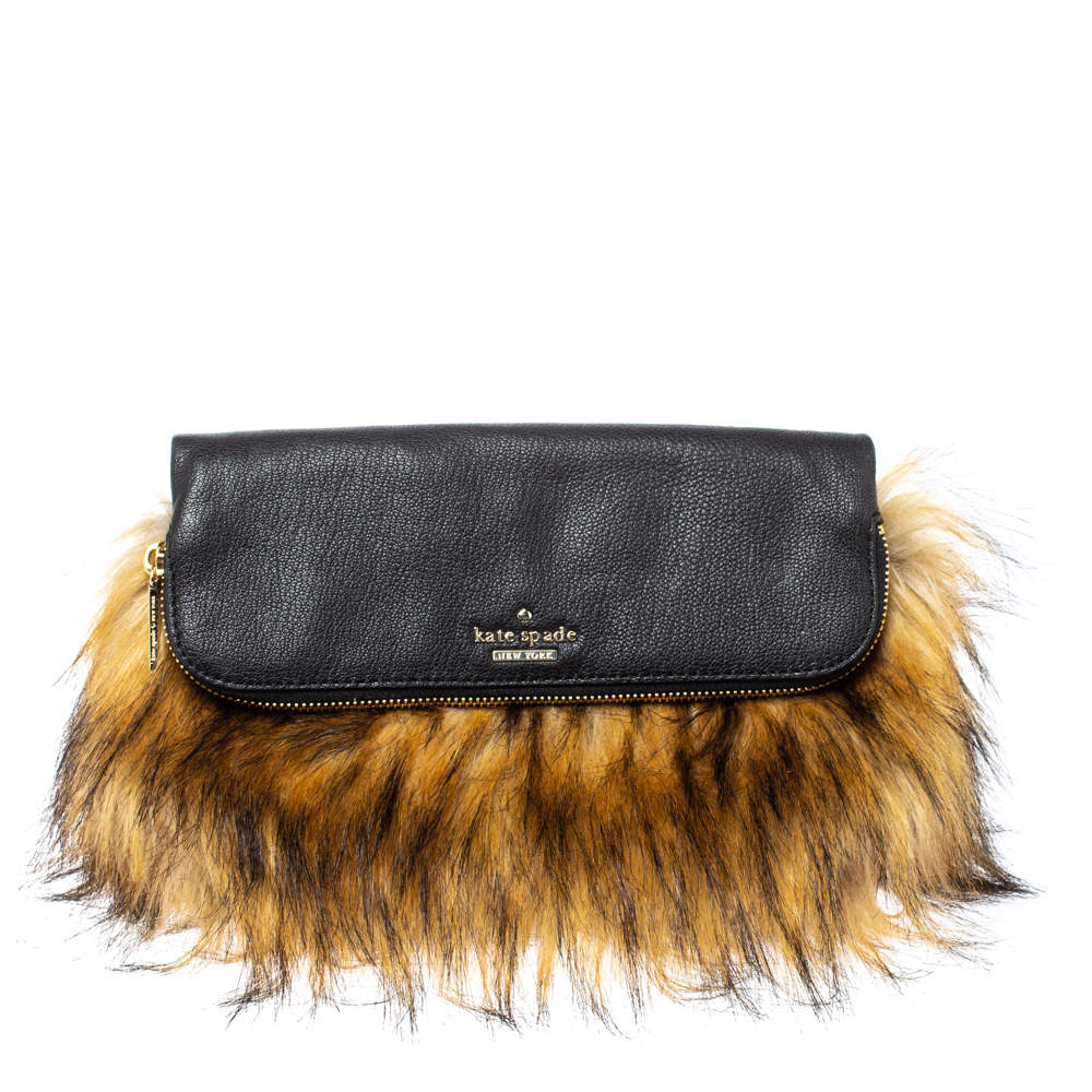 Pre Owned حقيبة كلاتش كيت سبيد بيلس جلد وفرو ثعلب صناعى بنية / سوداء