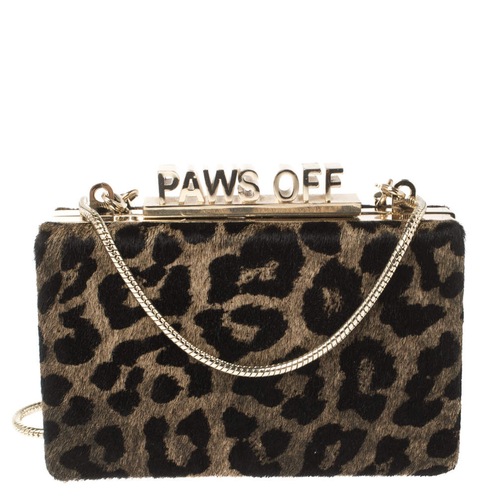 Kate Spade Brown Leopard Print Calfhair Paws Off Box Chain Clutch Kate