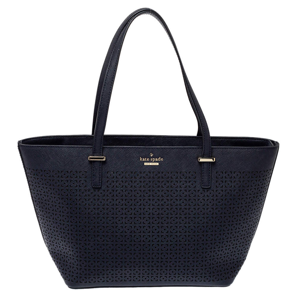 Pre Owned Tory Burch Navy Blue Perforated Leather Mini Cedar Street Harmony Tote