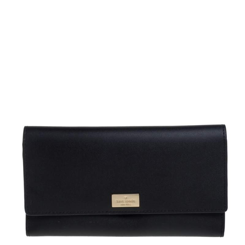 Pre Owned Kate Spade Balck Leather Cyra Flap Continental Wallet