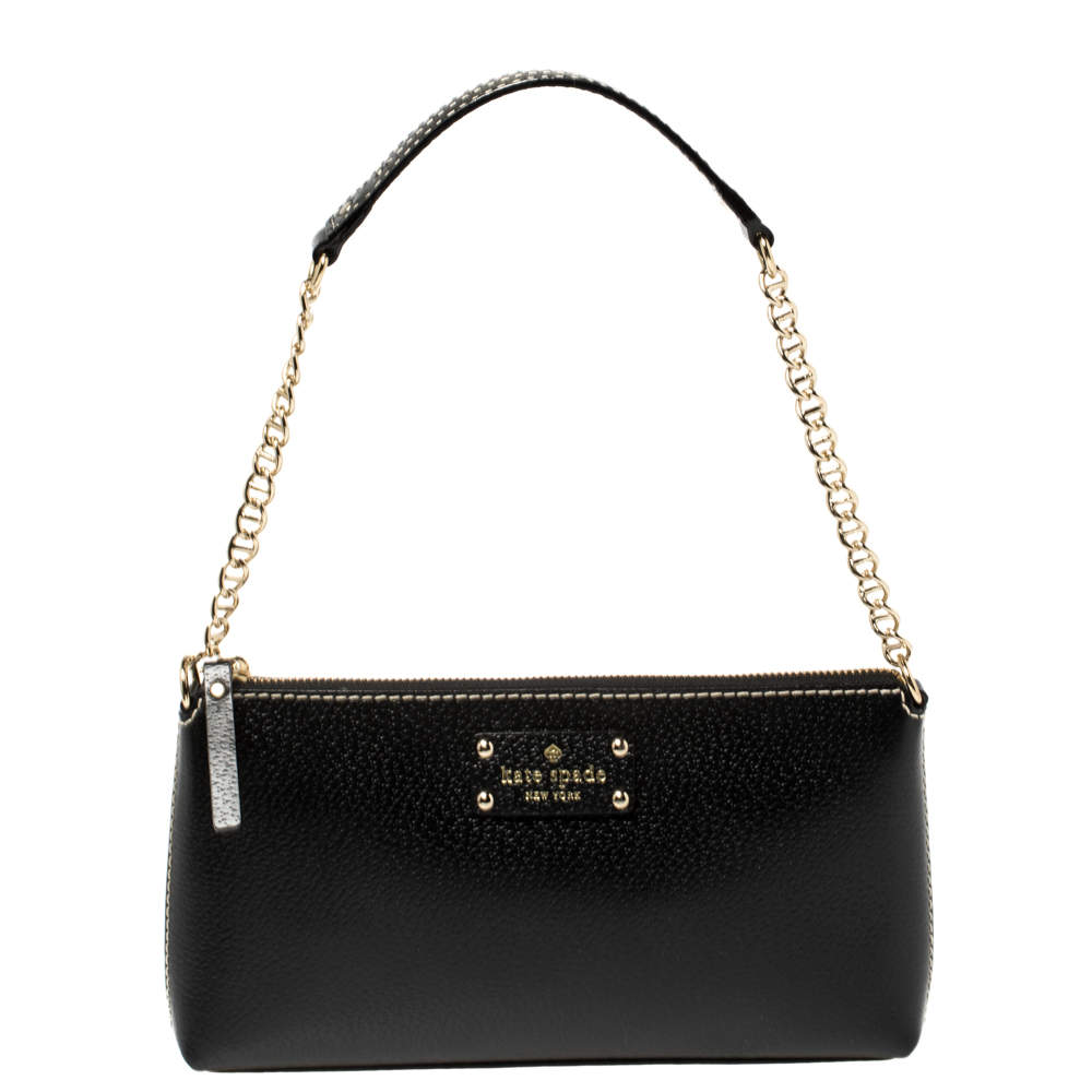 Pre Owned Kate Spade Black Leather Zip Chain Baguette Bag