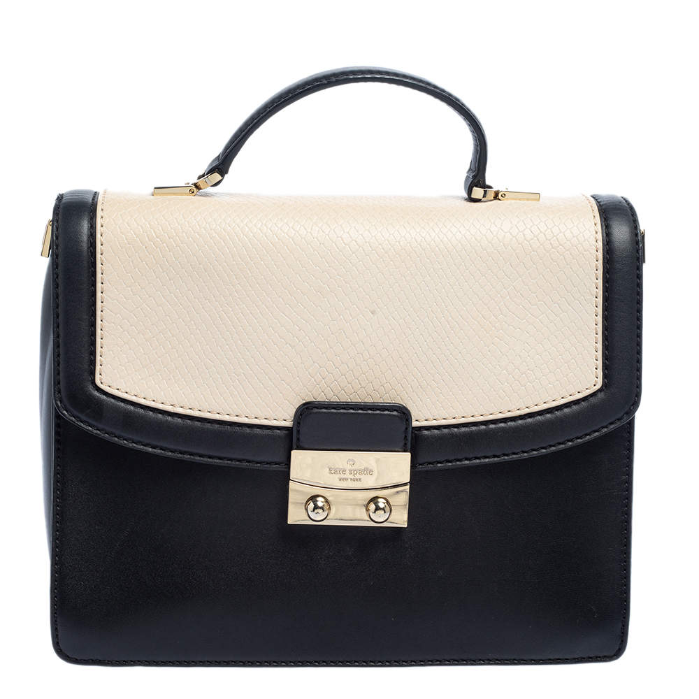 Pre Owned Kate Spade Black/White Snakeskin Embossed and Leather Pushlock Flap Top Handle Bag