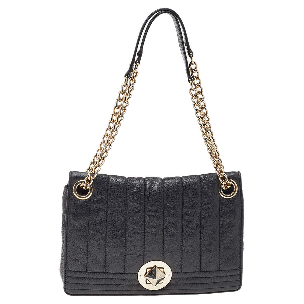 Pre Owned حقيبة كتف كيت سبيد جلد أسود بسلسلة وقفل دوار