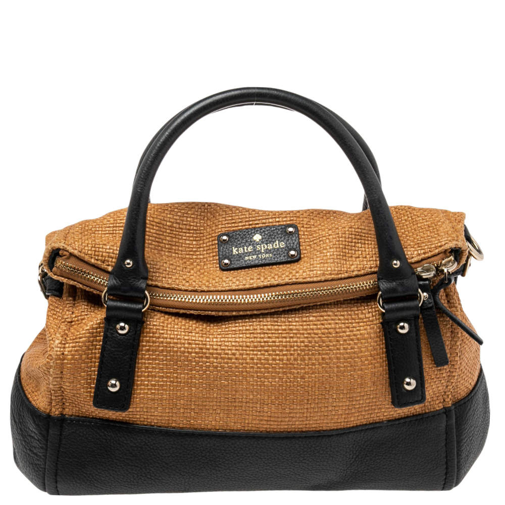 Pre Owned Kate Spade Black/Brown Woven Raffia and Leather Leslie Foldover Satchel 