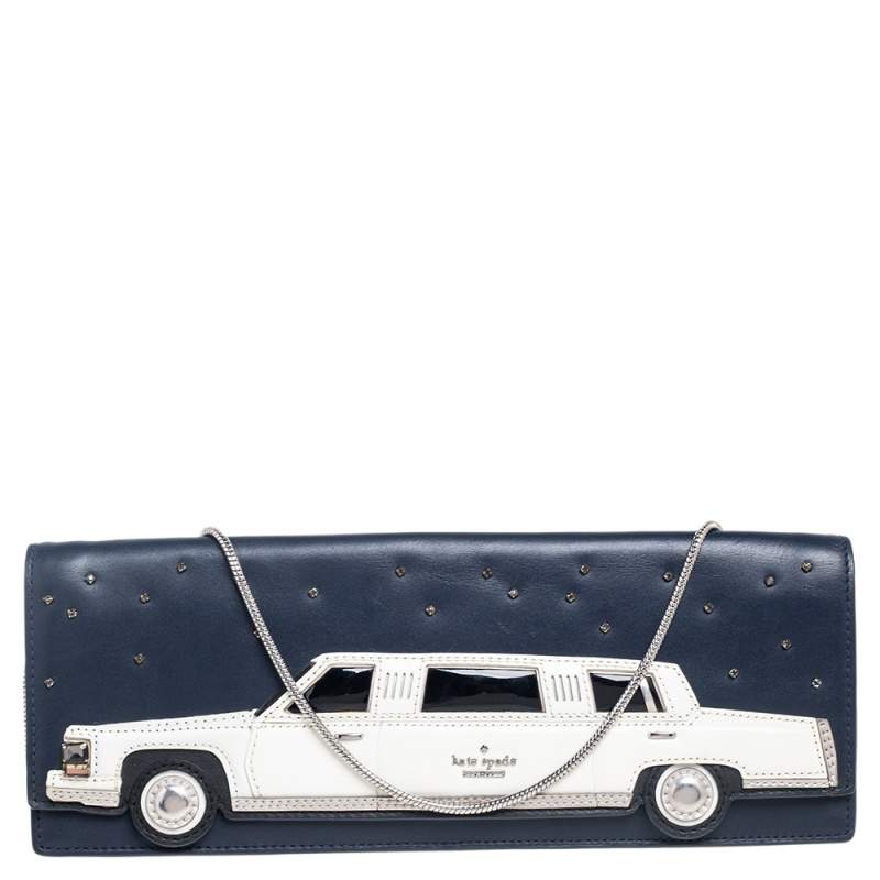 Pre Owned Kate Spade Navy Blue Leather Limousine Patch Chain Clutch