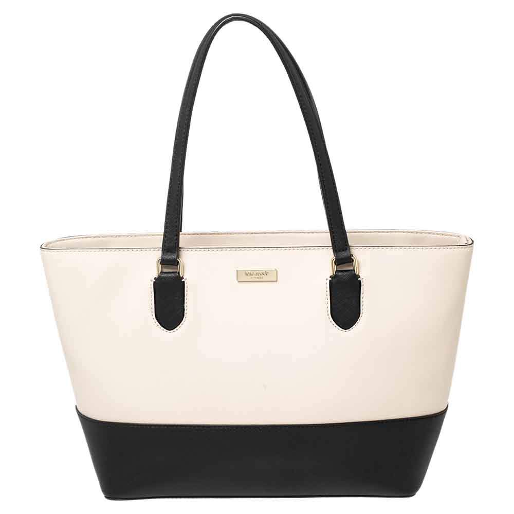 Pre Owned Kate Spade Black/Cream Saffiano Leather Top Zip Tote