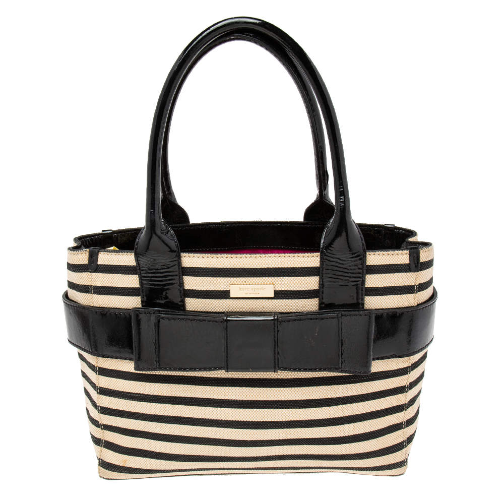 Pre Owned Kate Spade Black/Beige Striped Canvas and Patent Leather Bow Tote