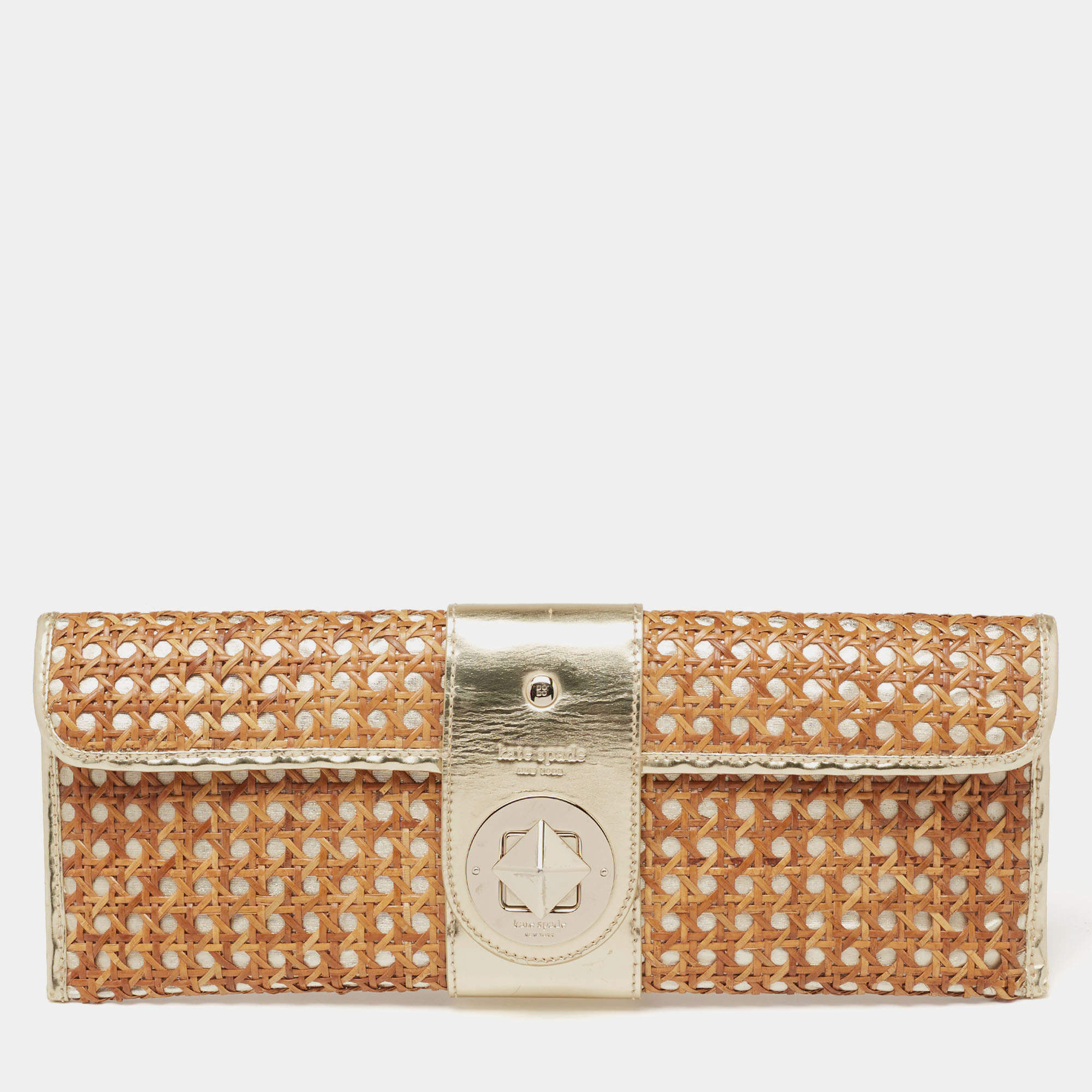 Pre Owned Kate Spade Gold/Brown Woven Rattan and Leather Turnlock Flap Long Clutch
