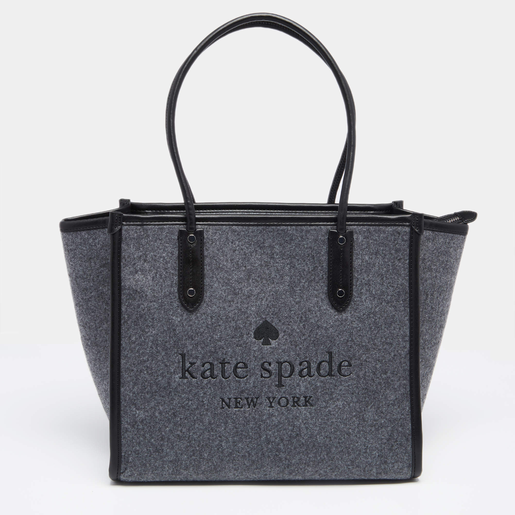 Pre Owned Kate Spade Grey/Black Felt Fabric and Leather Ella Tote