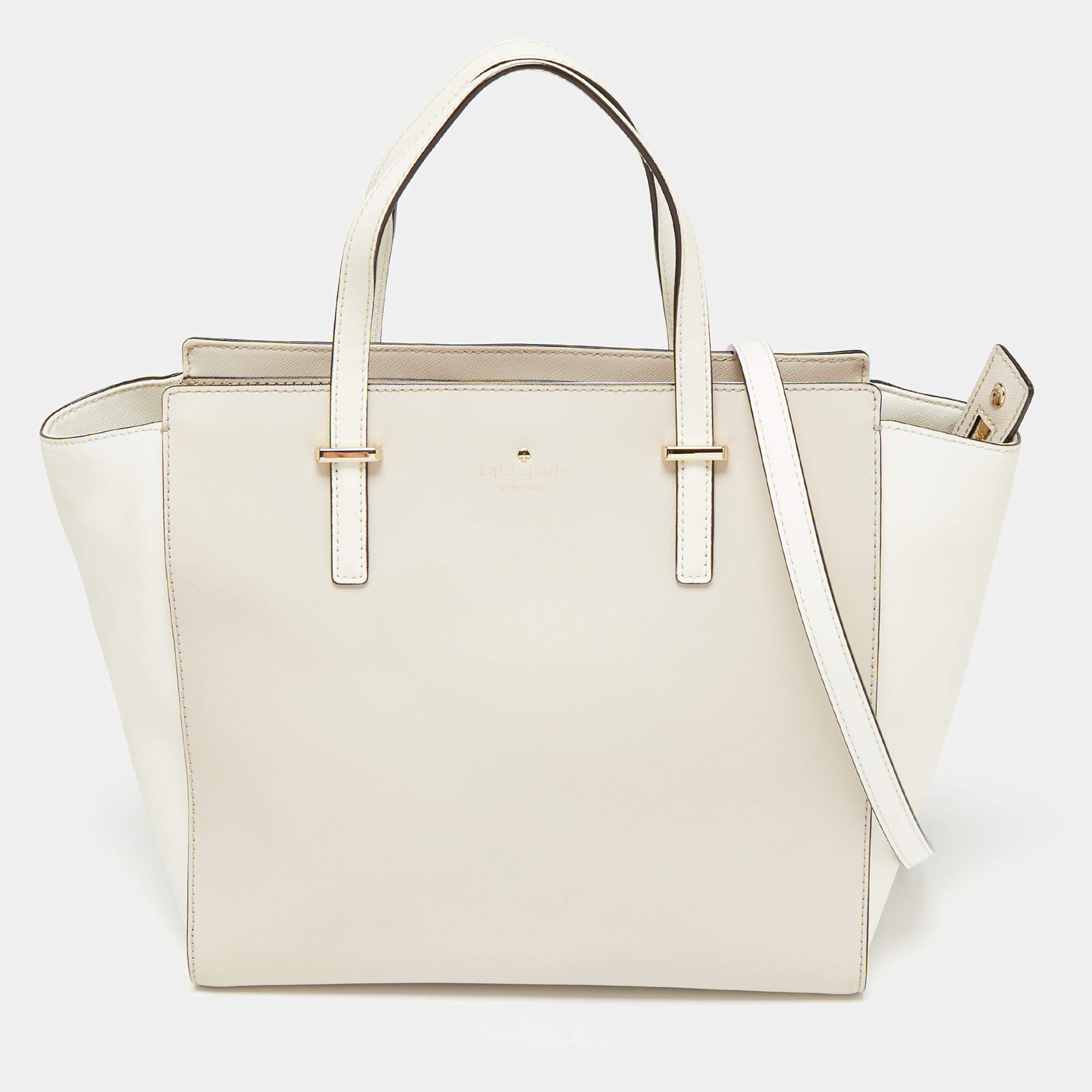 Pre Owned Kate Spade White/Beige Leather Cedar Street Hayden Tote