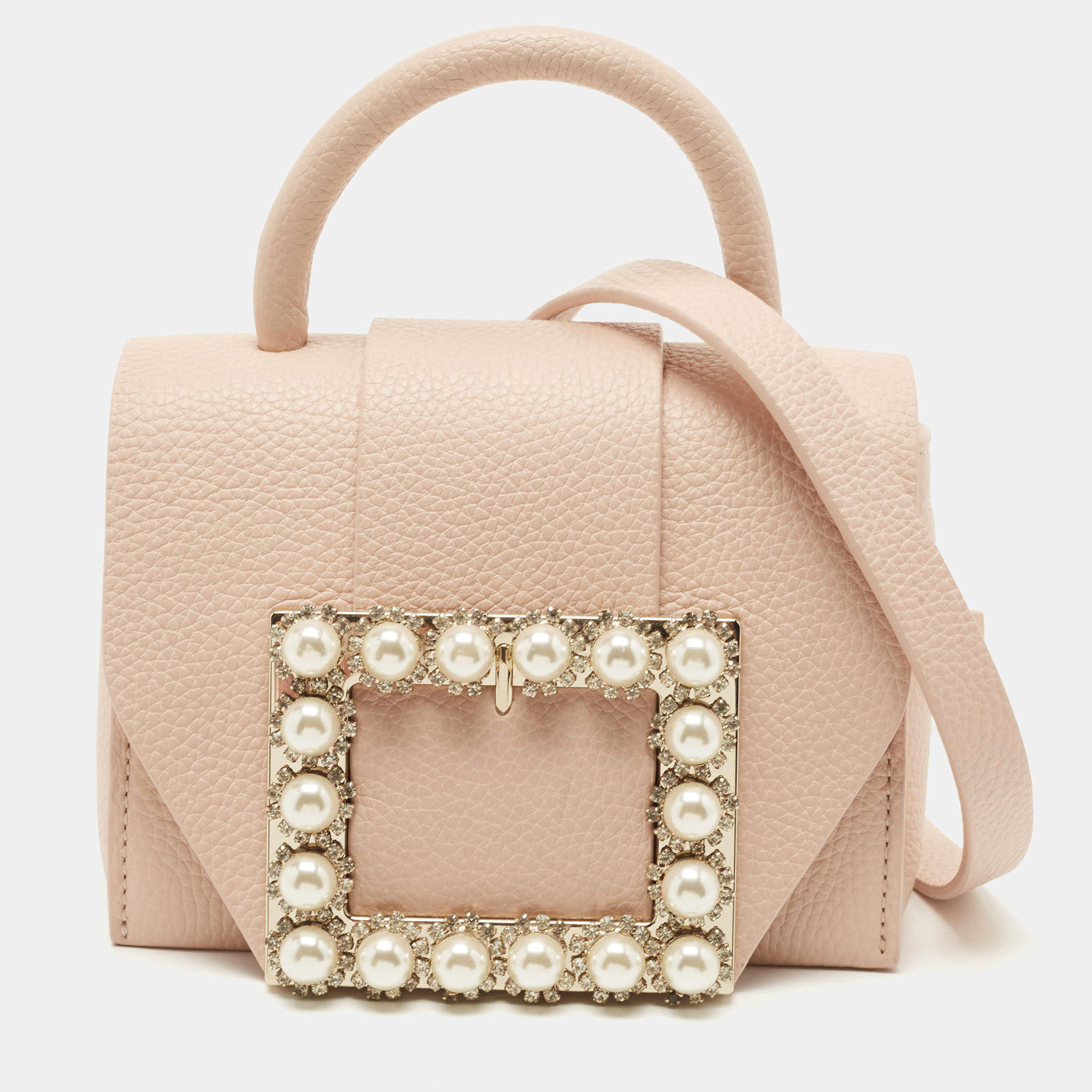 Pre Owned Kate Spade Light Beige Leather Buckle Embellished Flap Top Handle Bag 