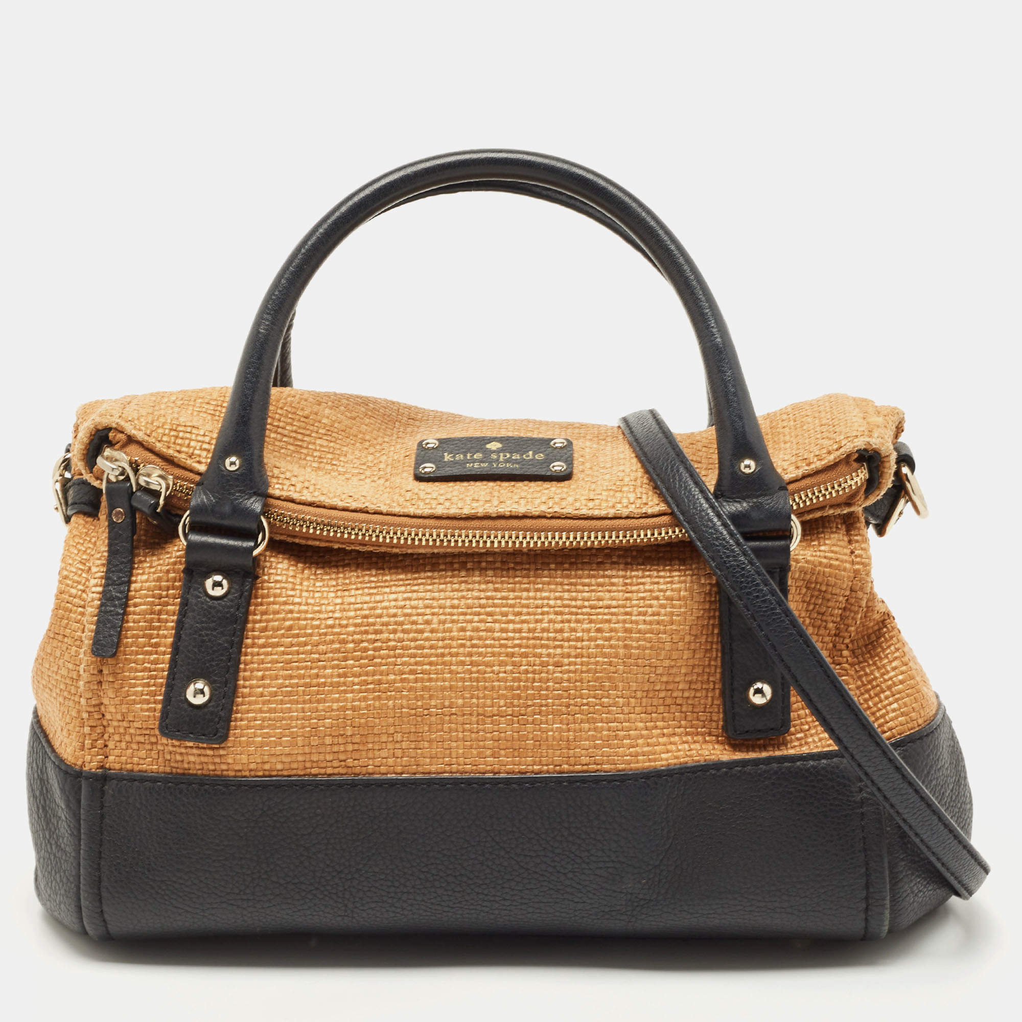 Pre Owned Kate Spade Black/Brown Woven Raffia and Leather Leslie Foldover Tote