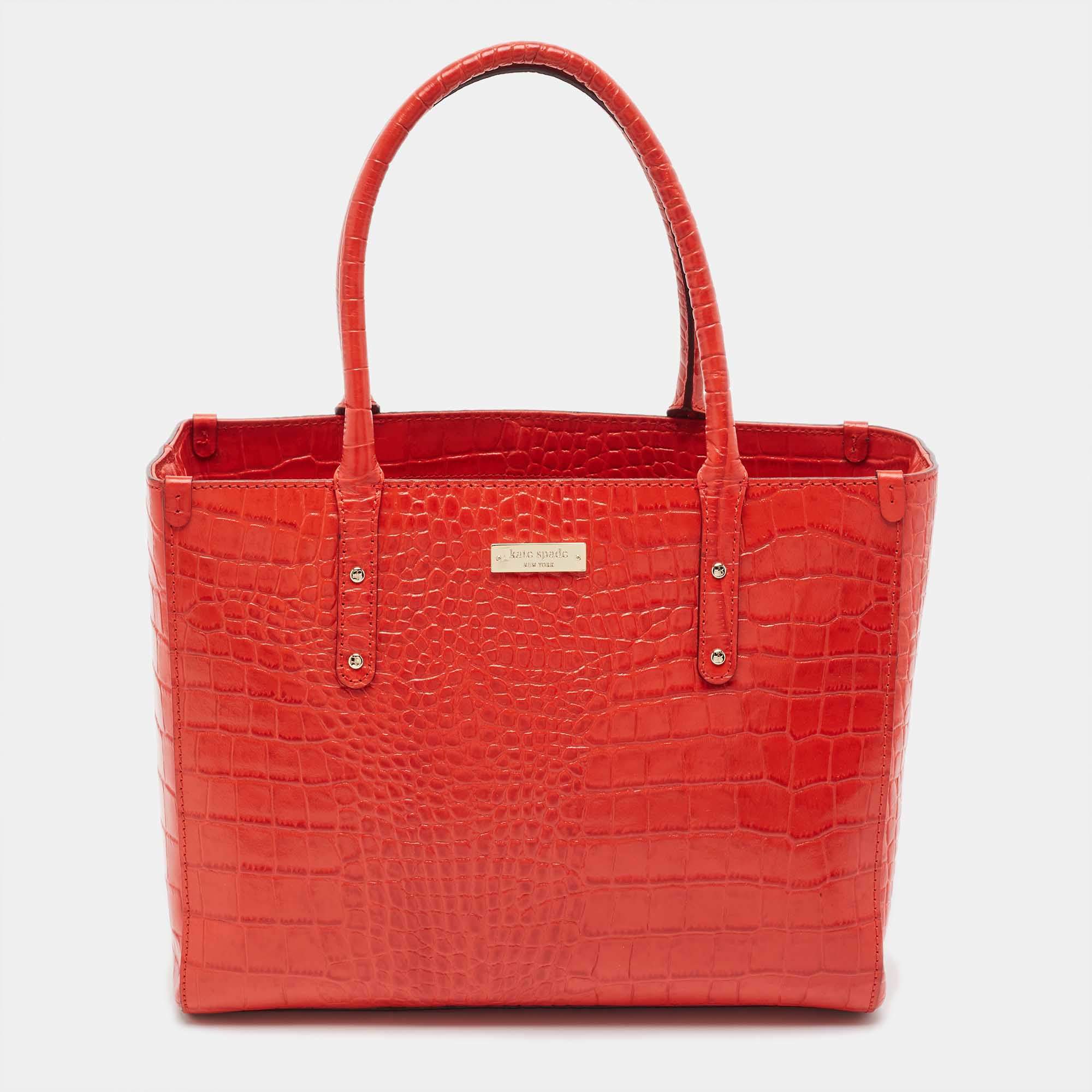 Pre Owned Kate Spade Red Croc Embossed Leather Tote
