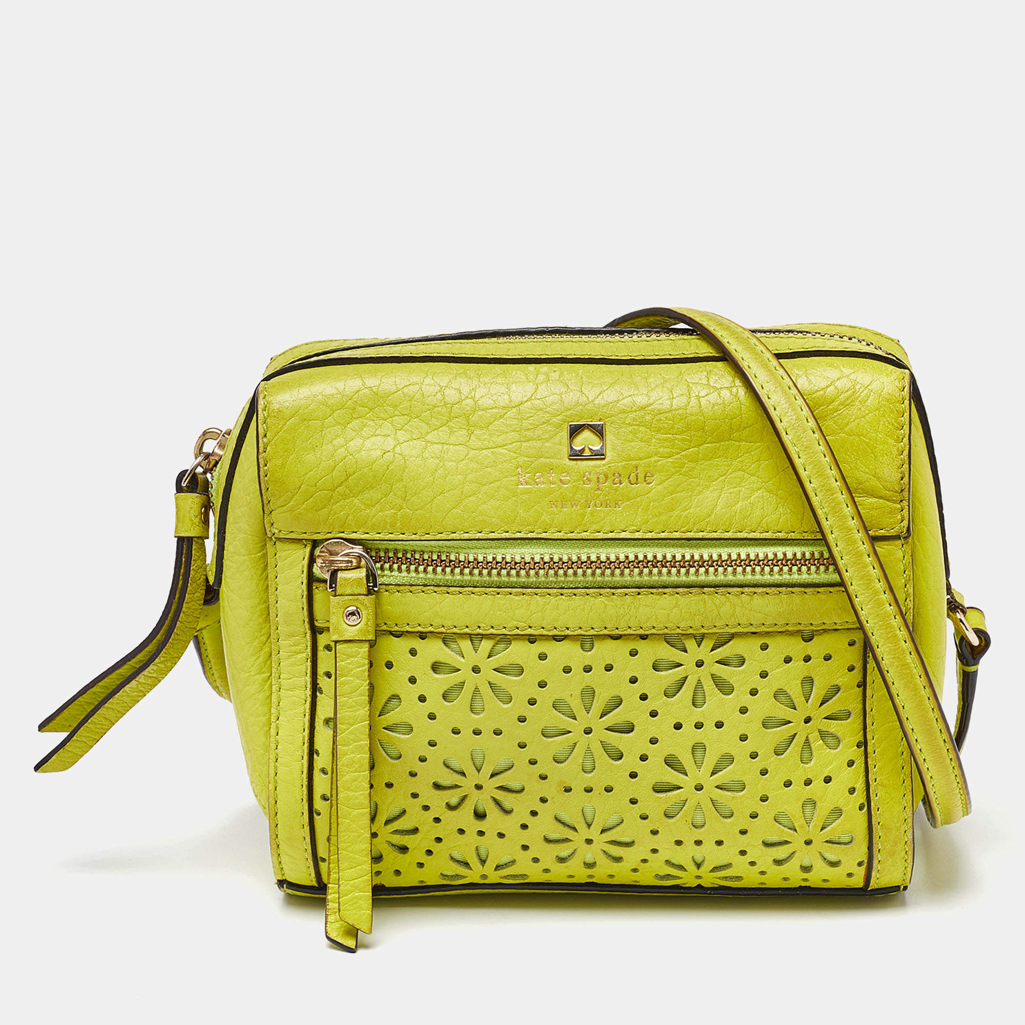 Kate Spade Green Leather Floral Lasercut Crossbody Bag 