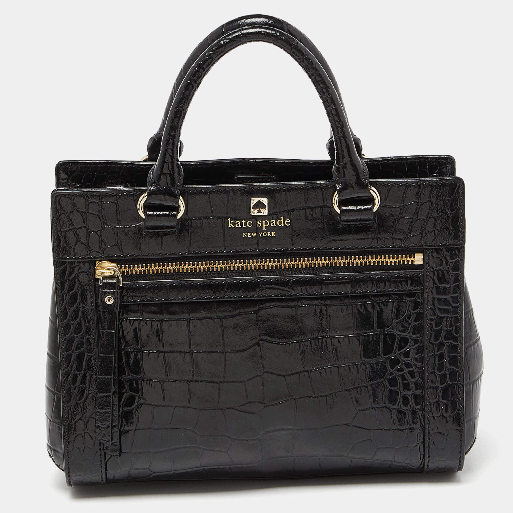 Pre Owned Kate Spade Black Croc Embossed Leather Tote