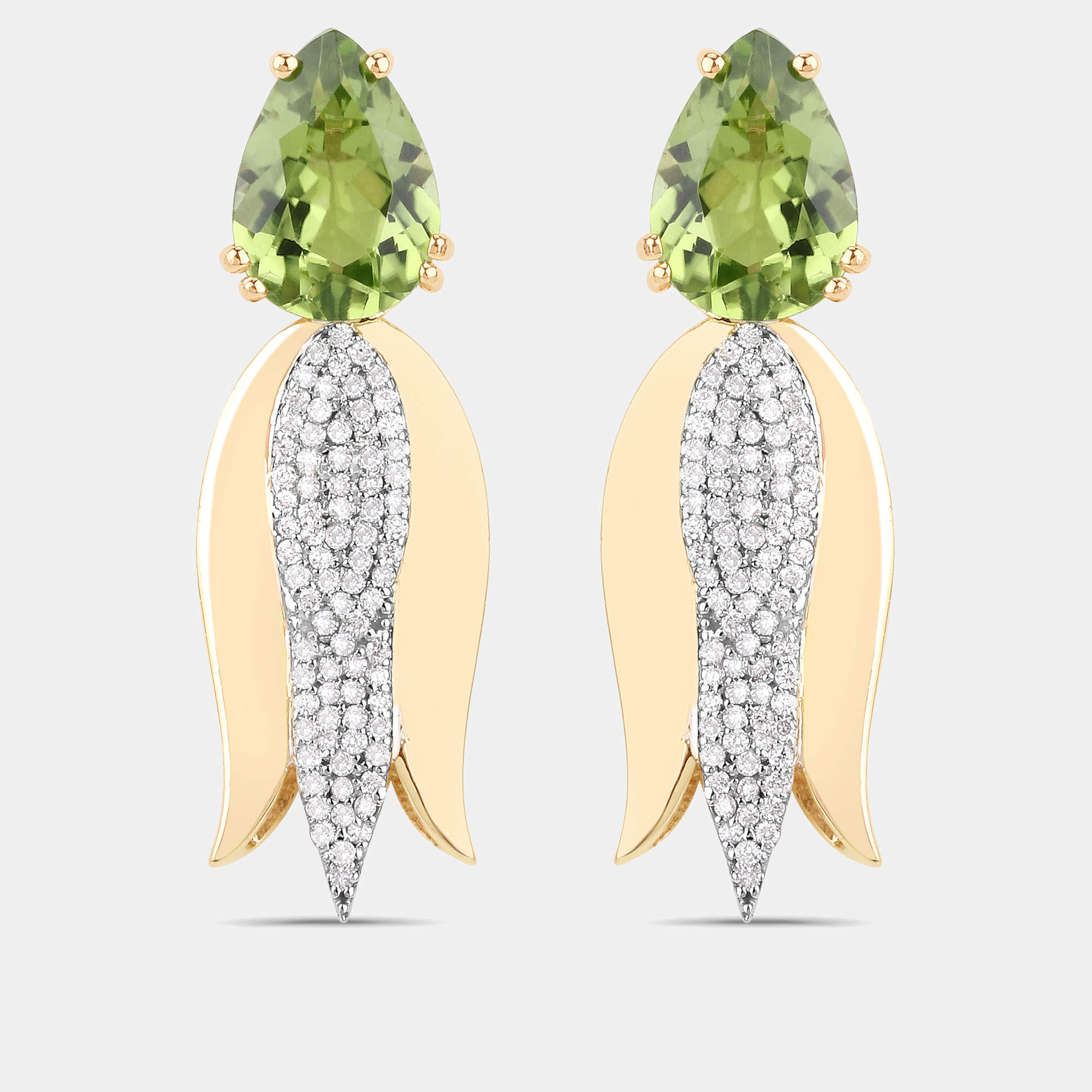 مملوكة مسبقًا 4.02 cts Peridot and Diamond 14K Yellow Gold Tulip Drop Earrings