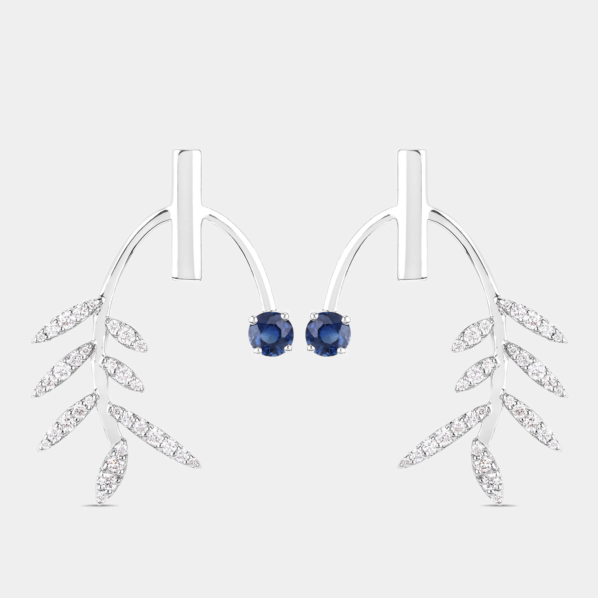 Pre Owned 0.75 cts Blue Sapphire and Diamond 14K White Gold Laurel Vine Earrings