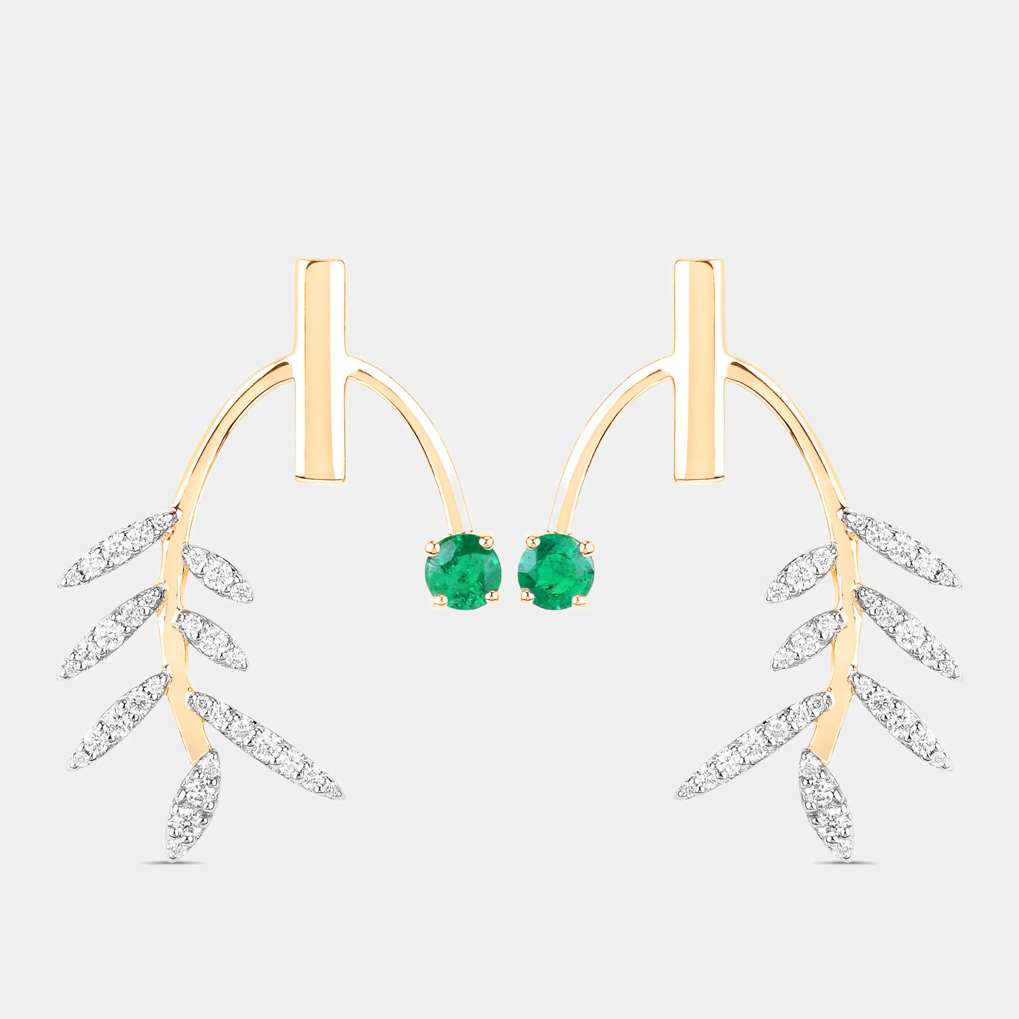 Pre Owned 0.49 cts Emerald and Diamond 14K Yellow Gold Laurel Vine Earrings