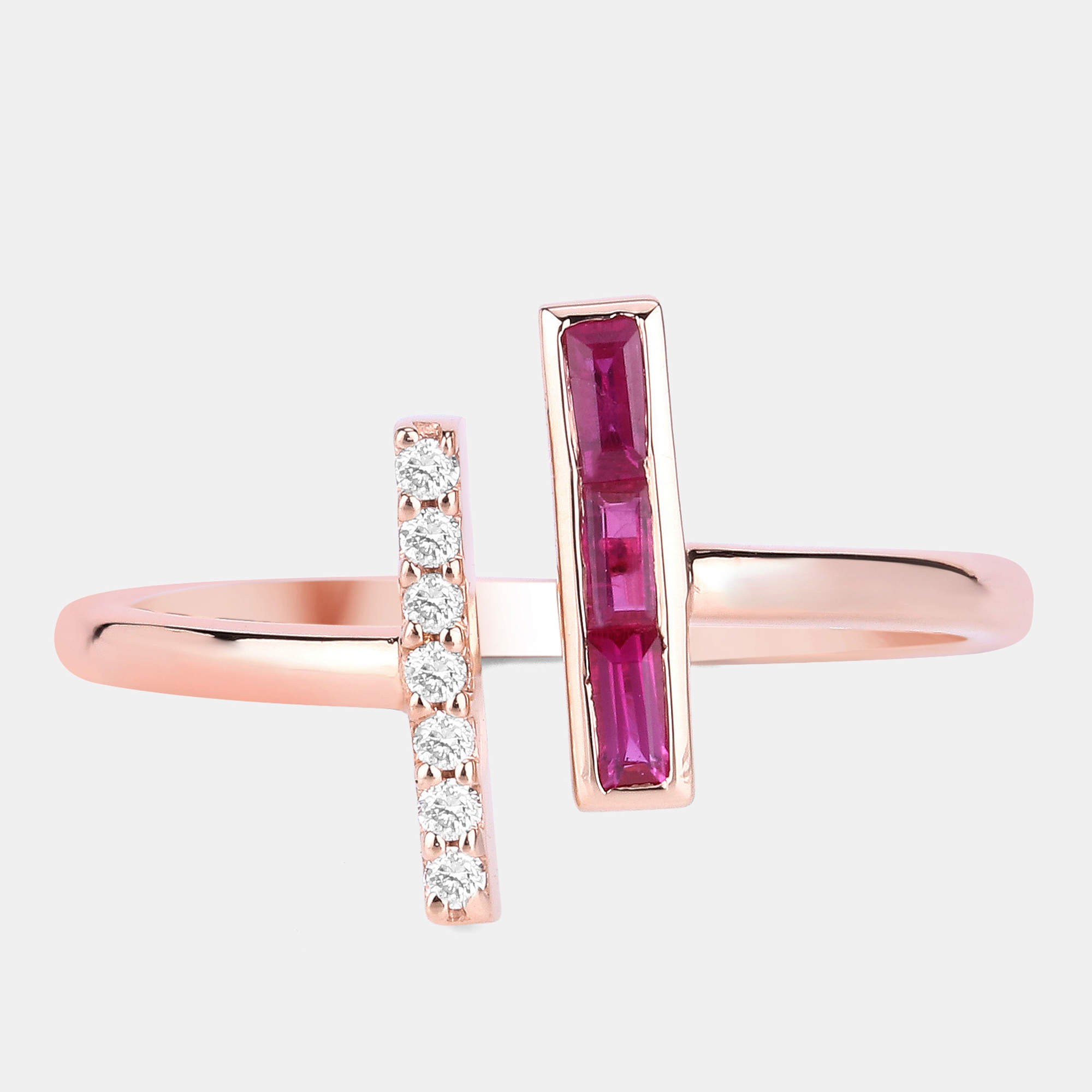 Pre Owned 0.15 cts Ruby and Diamond 14K Rose Gold Bypass Bar Ring US Size 6.50