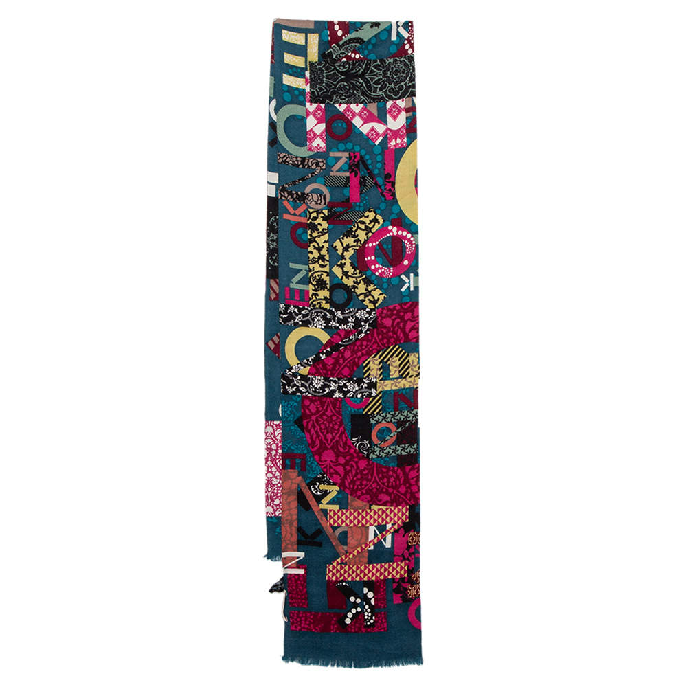 Kenzo Multicolor Logo Print Wool Blend Scarf