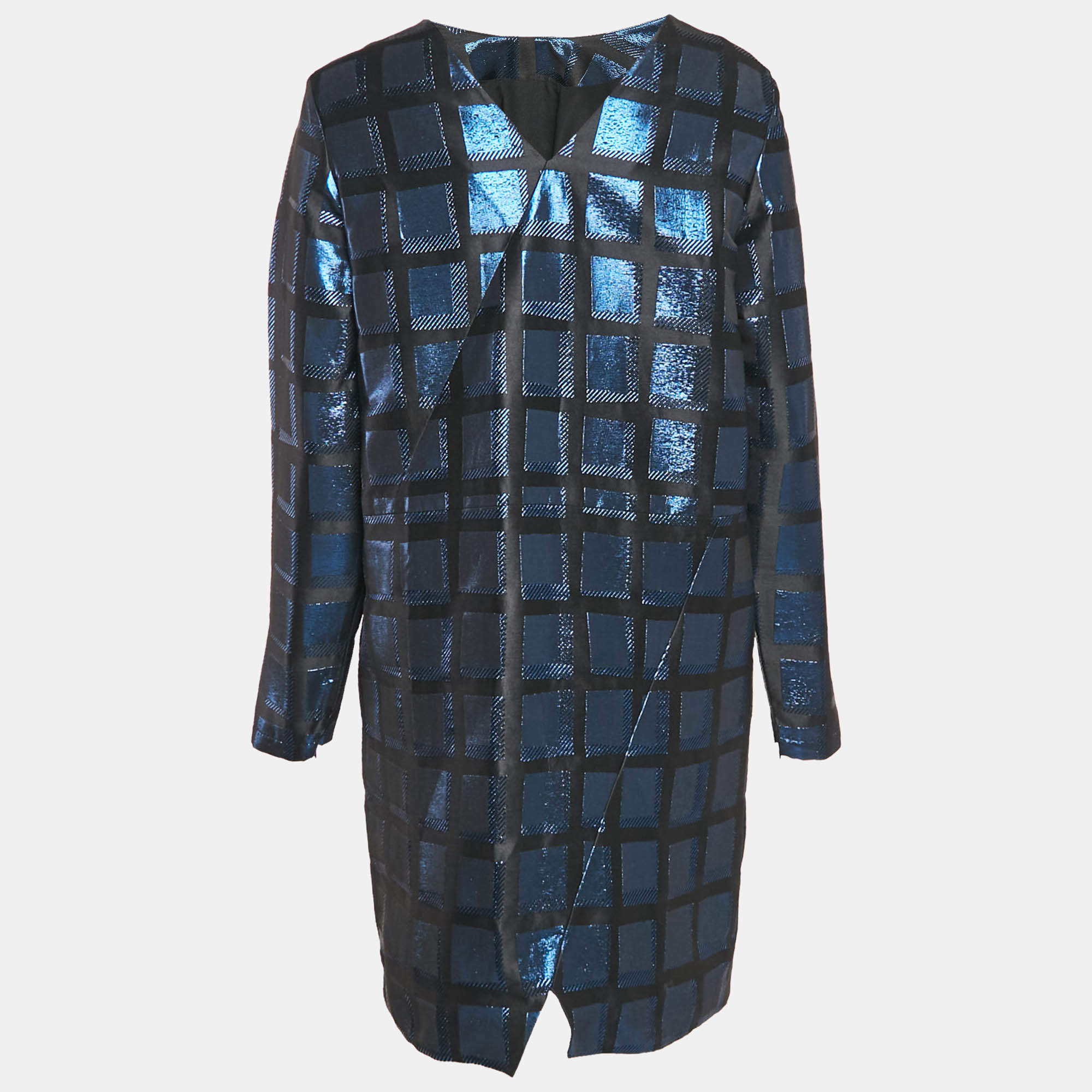 Kenzo Metallic Blue/Black Square Jacquard V-Neck Shift Dress L