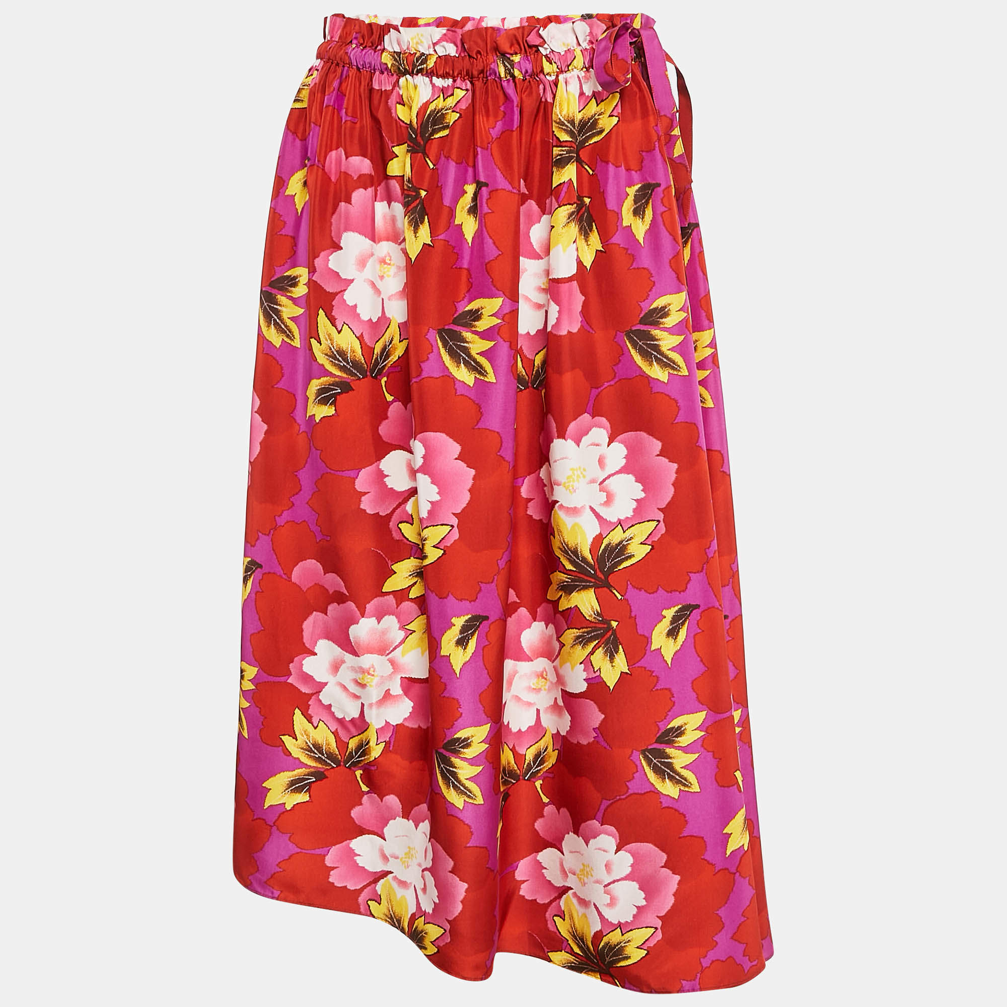 Kenzo Red Floral Print Silk High-Low Midi Skirt M