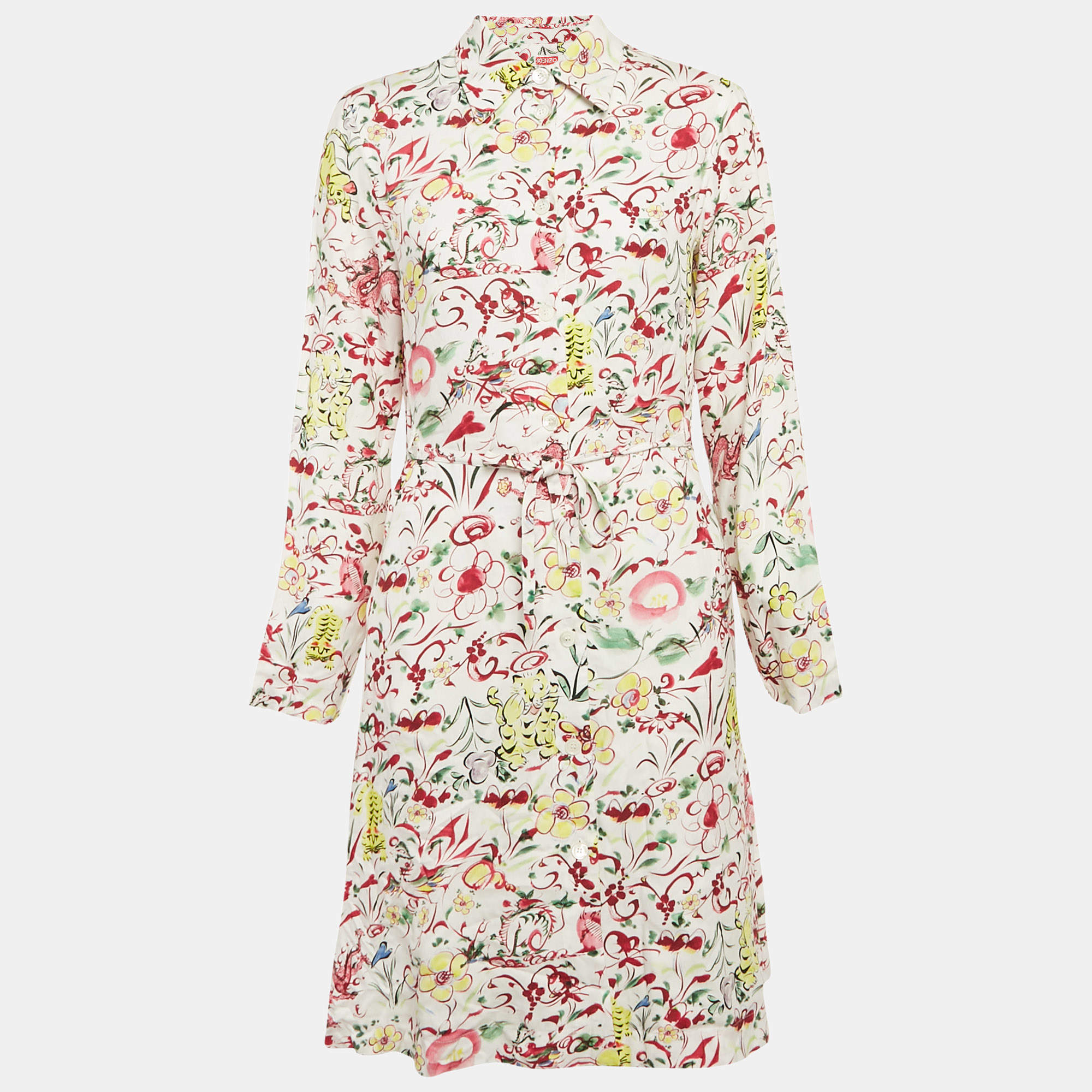 Kenzo White Printed Viscose Button Front Belted Dress S
