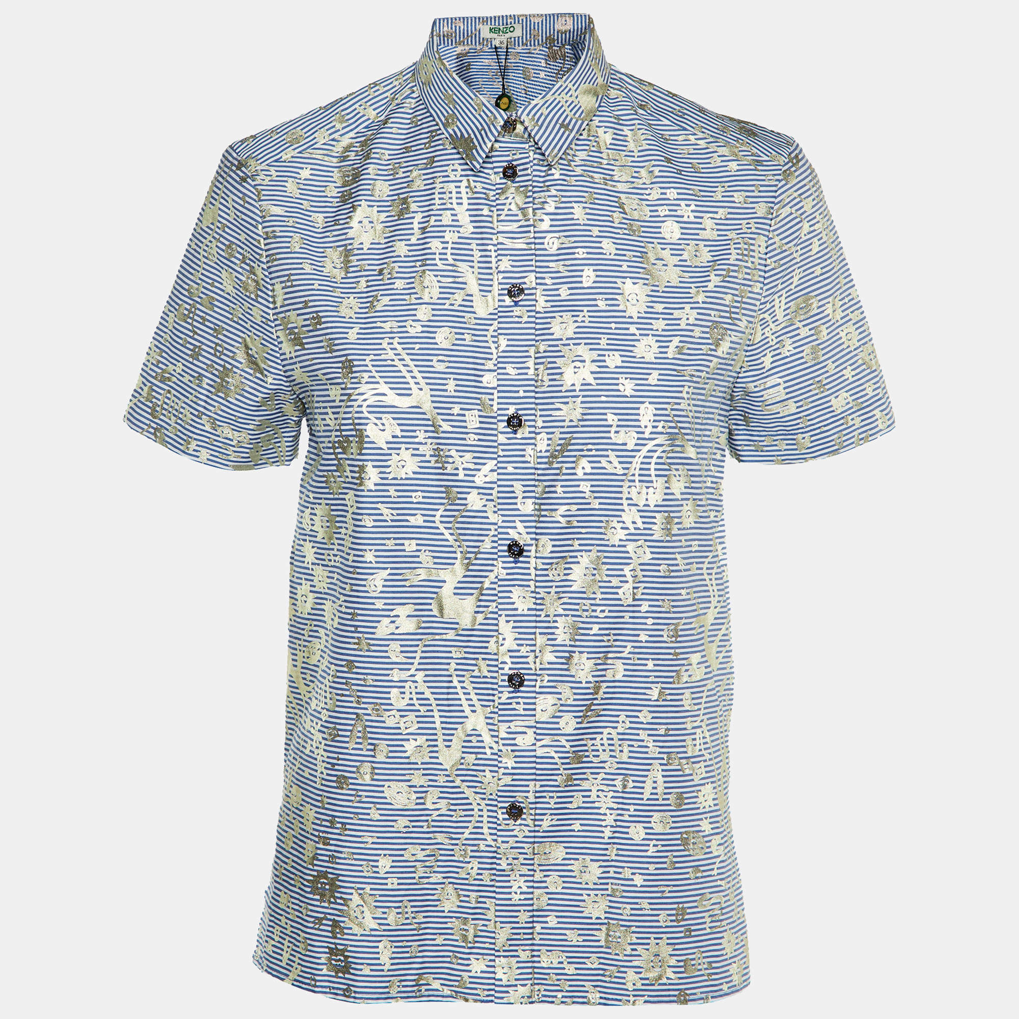 Kenzo Blue/White Metallic Print Cotton Short Sleeve Shirt S