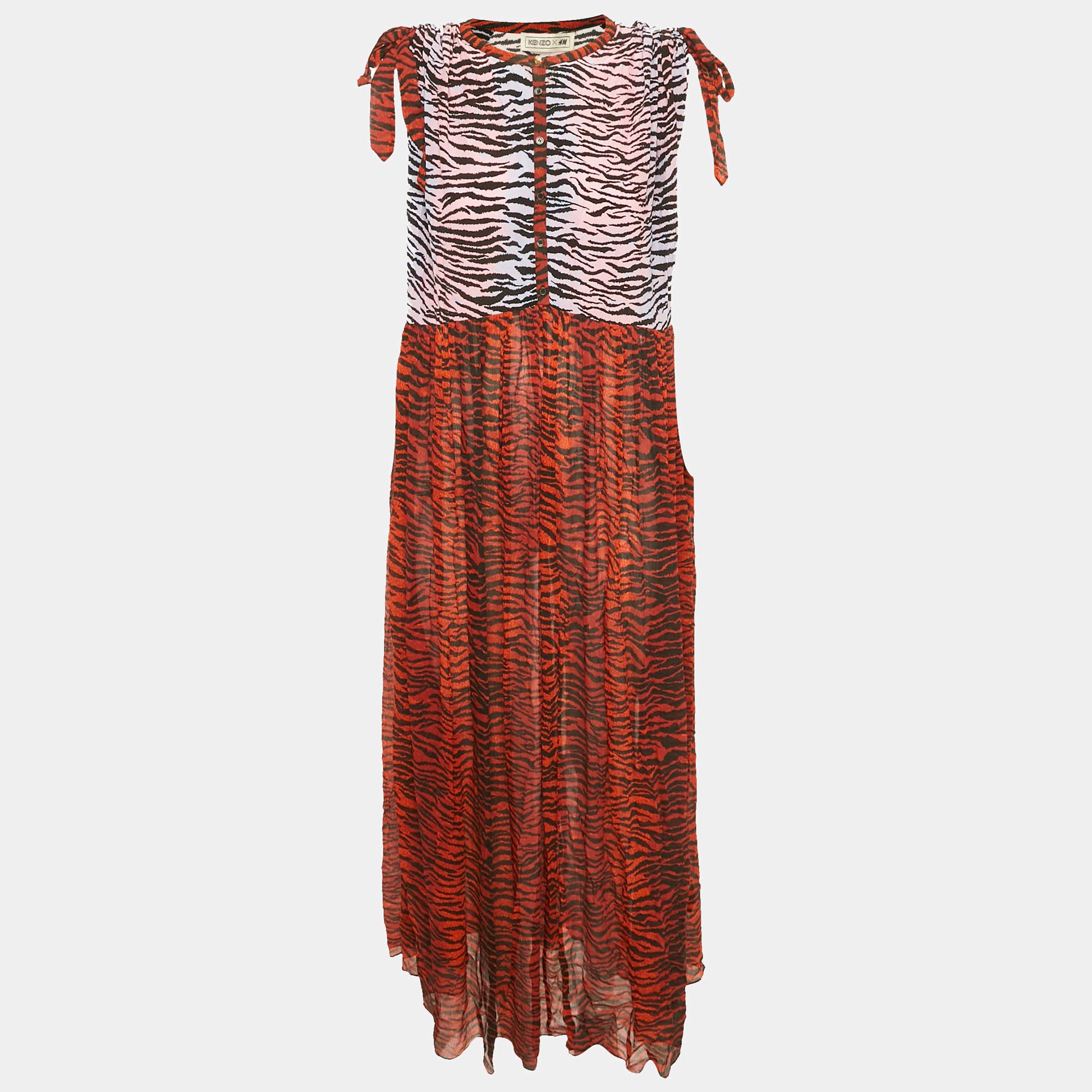 Kenzo Burgundy Animal Printed SIlk Chiffon Paneled Oversized Maxi Dress S