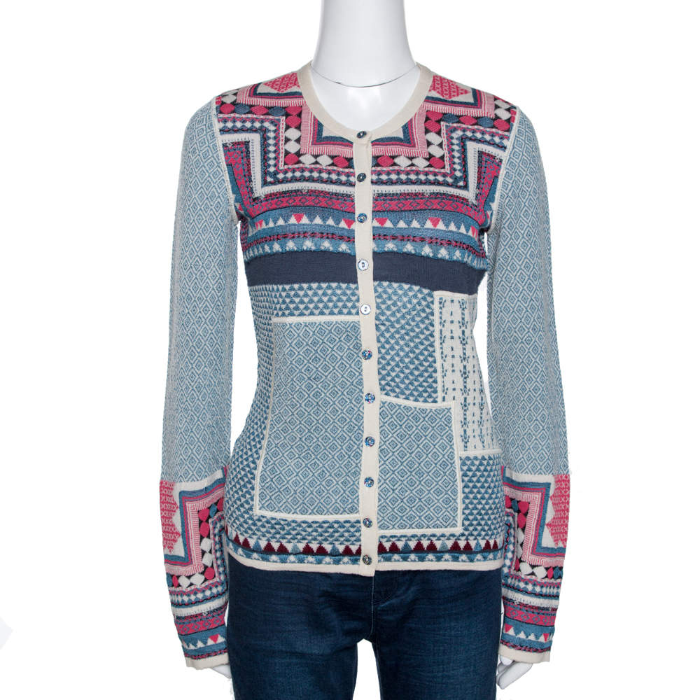 Pre Owned Kenzo Multicolor Intarsia Knit Cardigan M