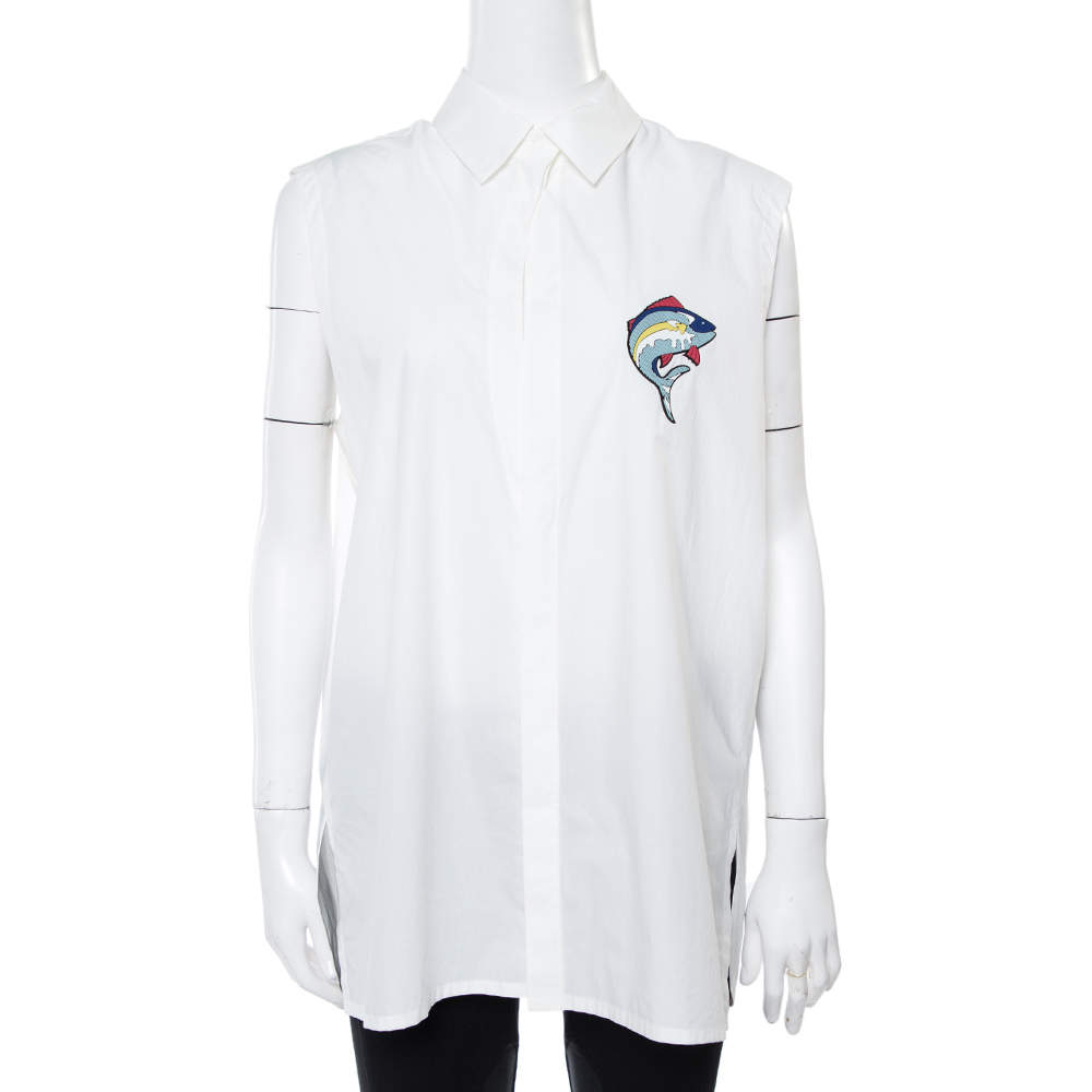 Pre Owned Kenzo White Cotton Dolphin Detail Sleeveless Shirt L