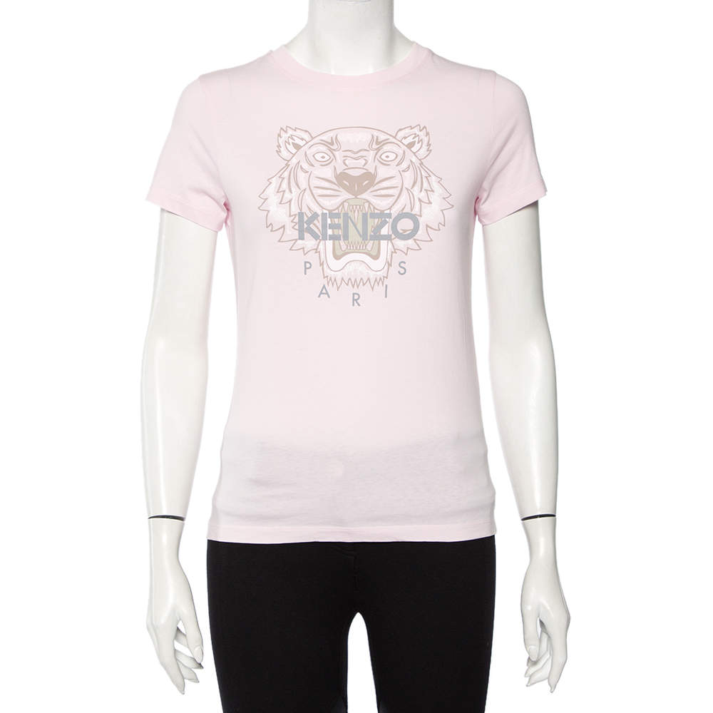 مملوكة مسبقًا Kenzo Light Pink Cotton Tiger Logo Printed T-Shirt XS