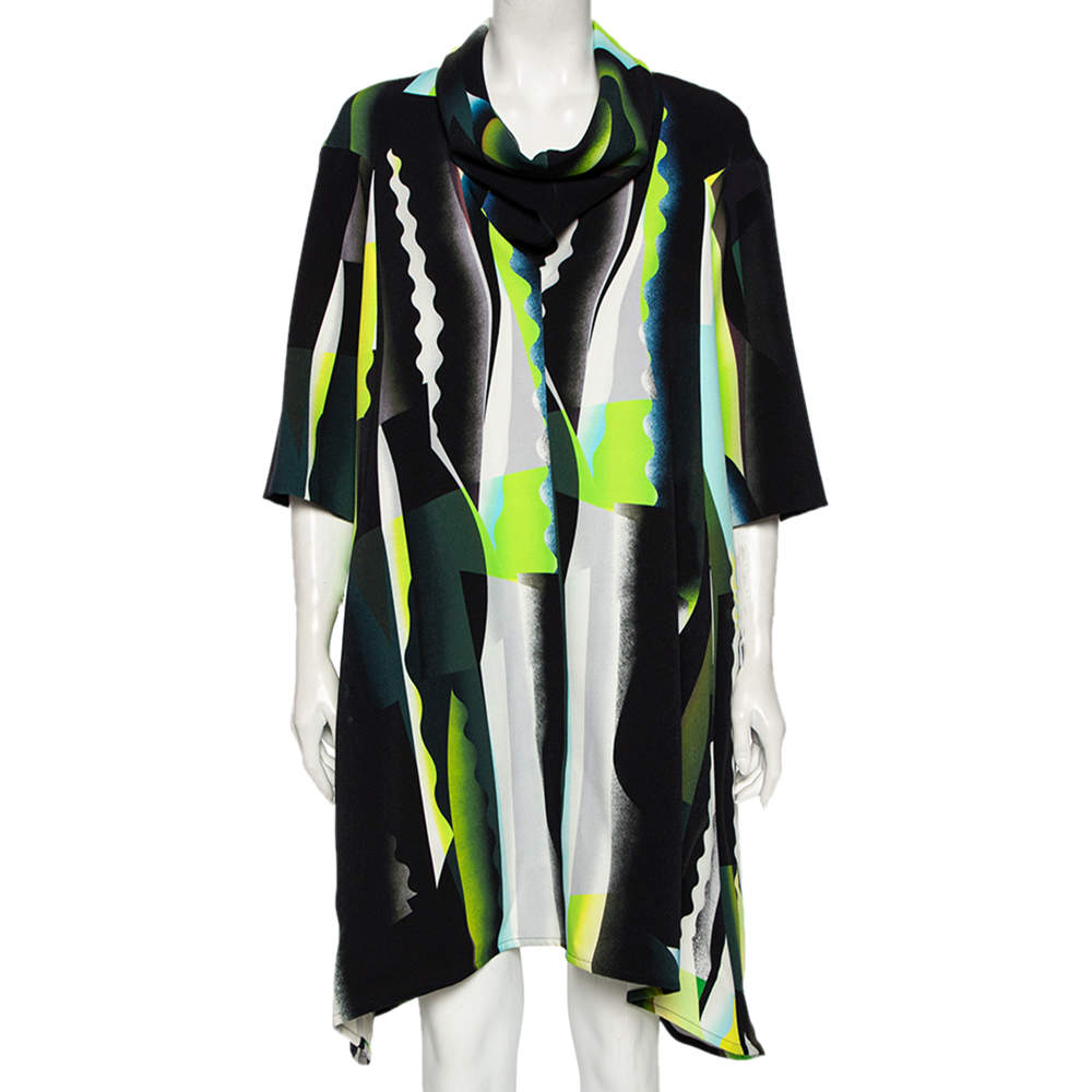 Pre Owned Kenzo Multicolor Spray Collage Printed Crepe Draped Neck Oversized Dress S