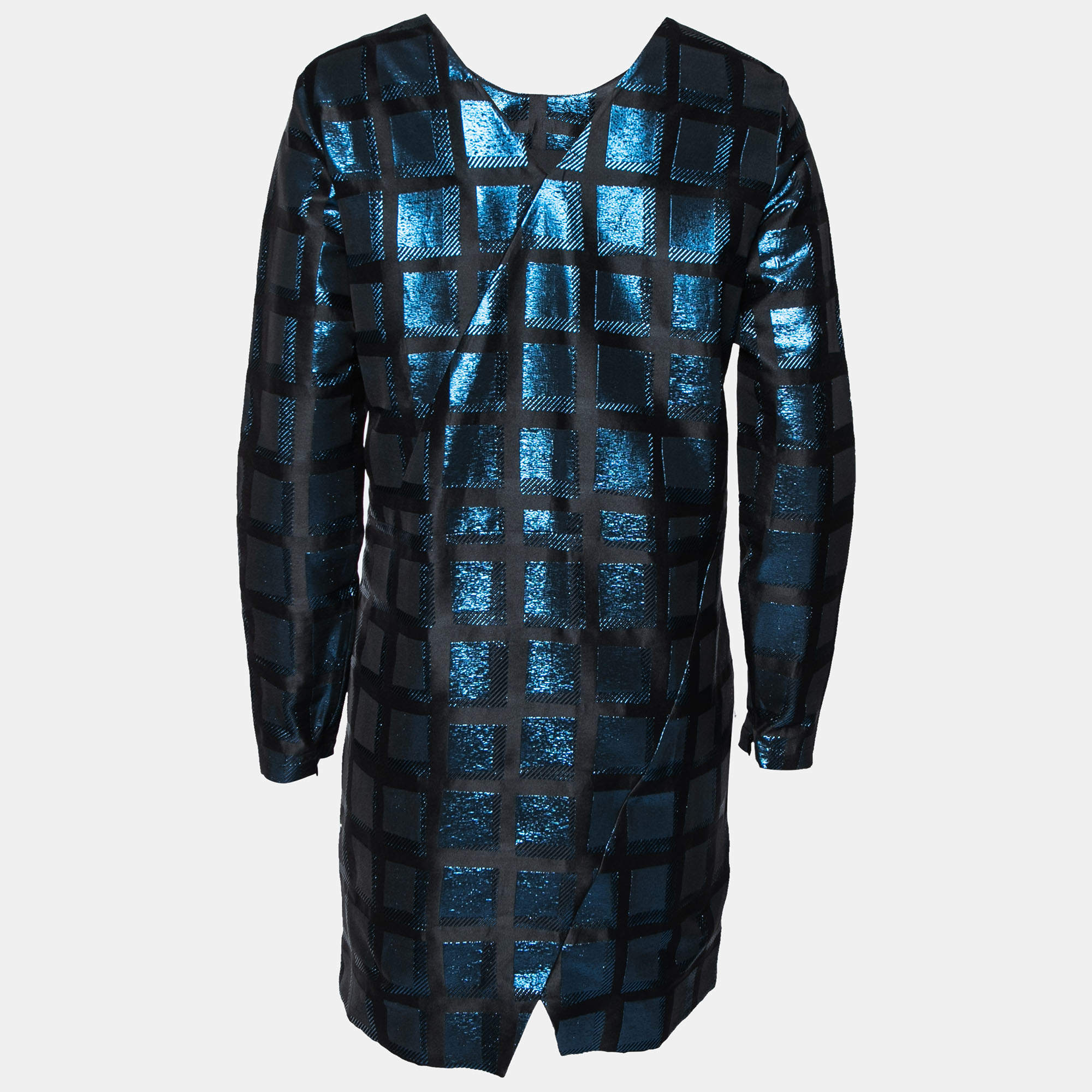 Pre Owned Kenzo Blue-Black Metallic Square Jacquard Long Sleeve Shift Dress L