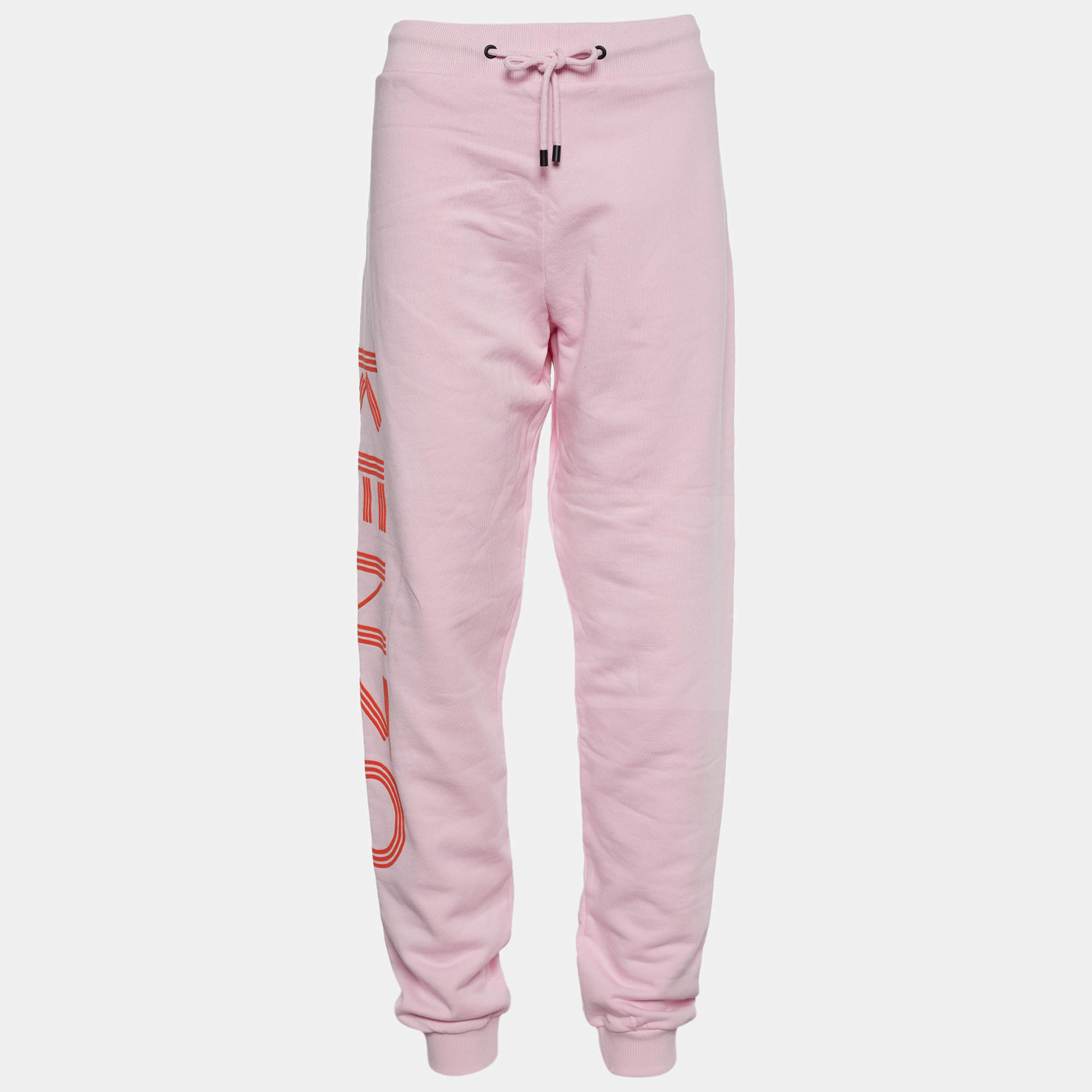 Pre Owned Kenzo Pink Terry Knit Logo Print Joggers L