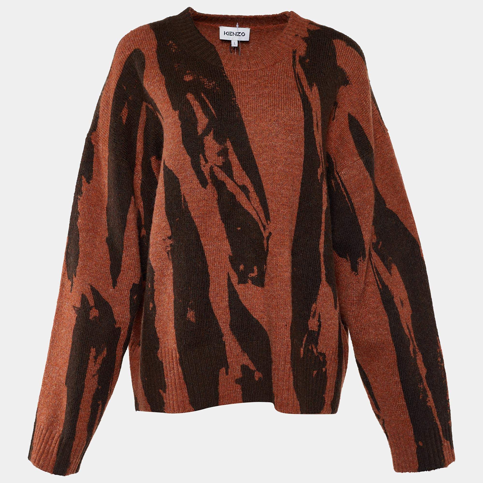 Pre Owned Kenzo Brown Pleat Camo Print Wool Blend Jumper L