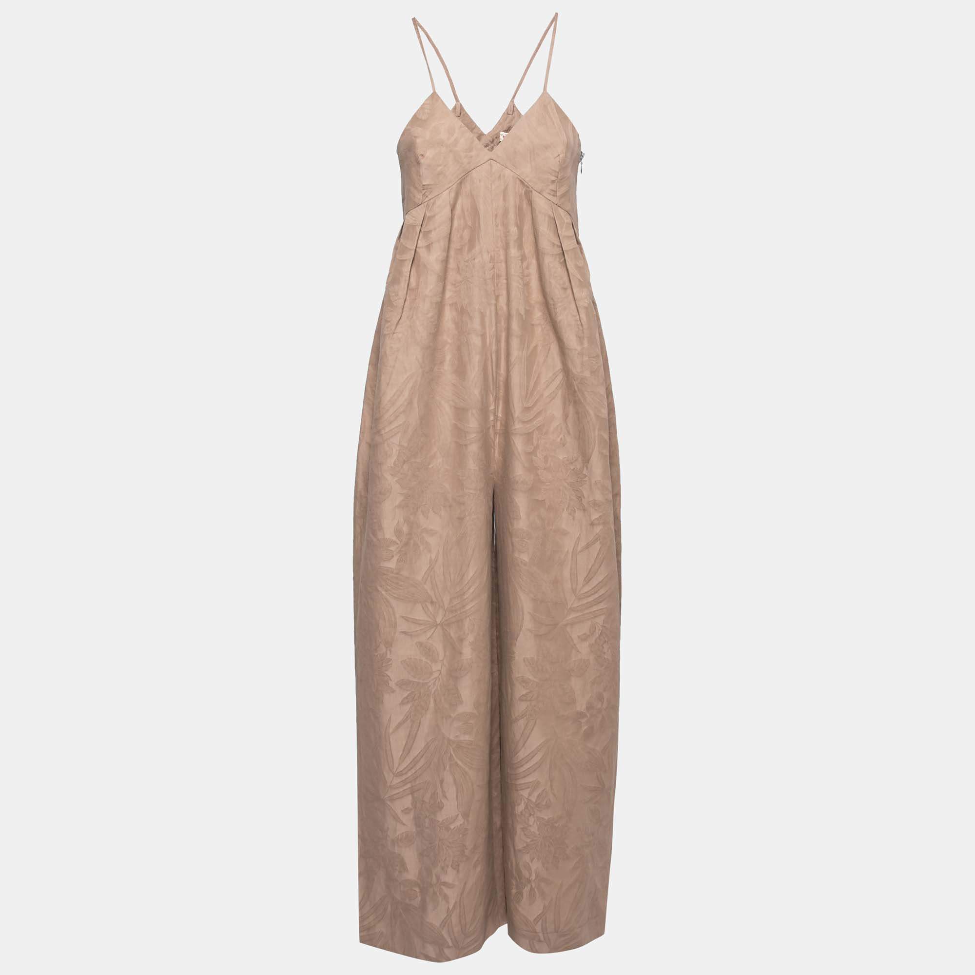 Pre Owned Kenzo Brown Cotton Floral Embroidered Sleeveless Jumpsuit M