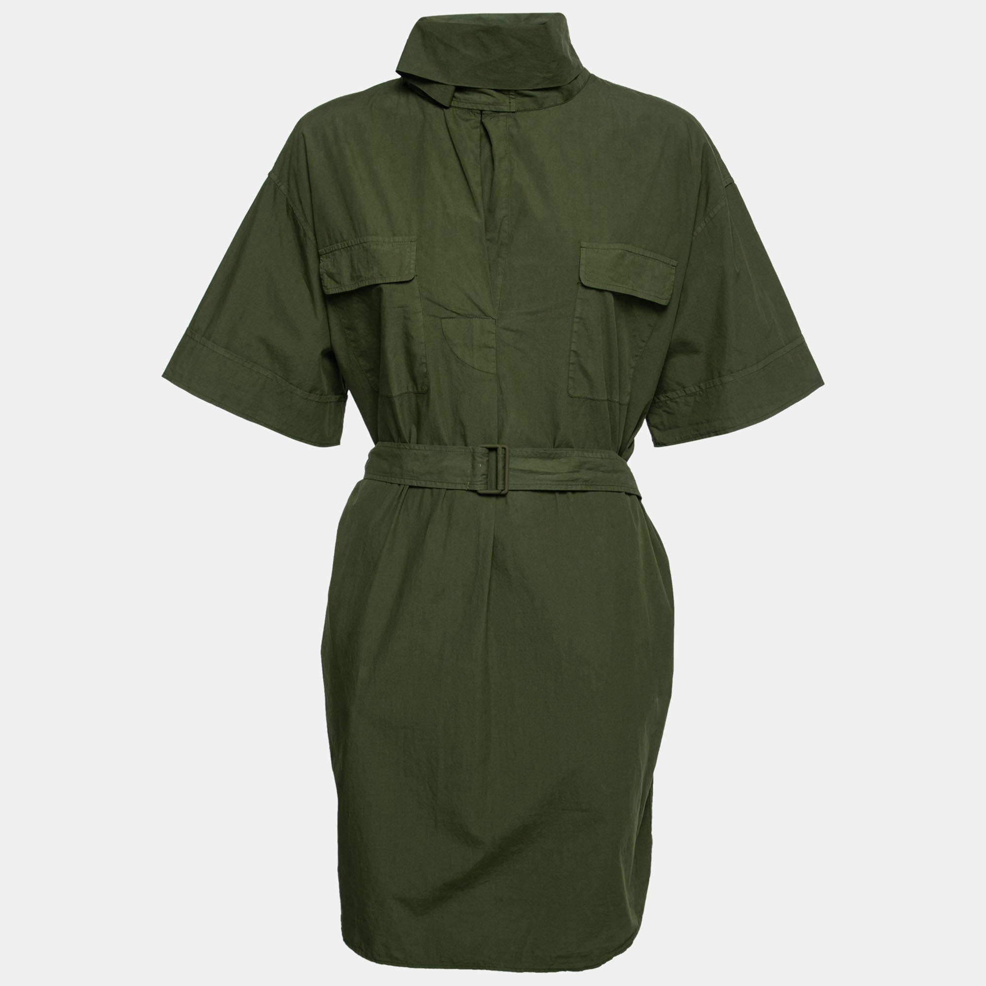 Pre Owned Kenzo Khaki Green Cotton Belted Short Sleeve Dress M