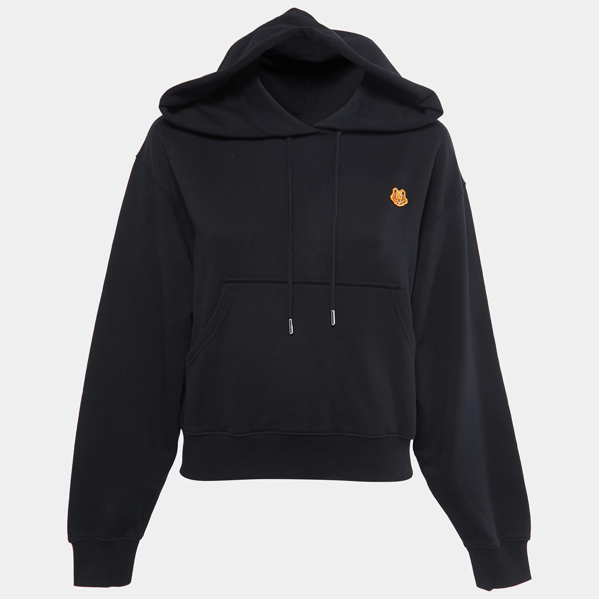 Pre Owned Kenzo Black Cotton Tiger Crest Boxy Long Sleeve Hoodie S
