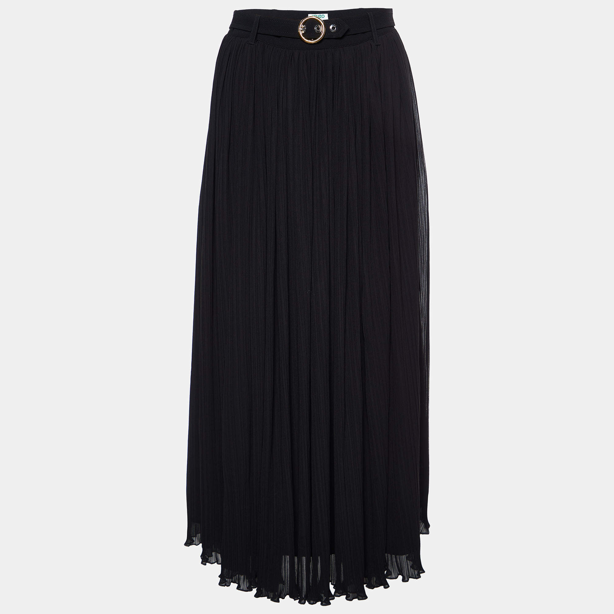 Kenzo Black Pleated Chiffon Belted Midi Skirt M