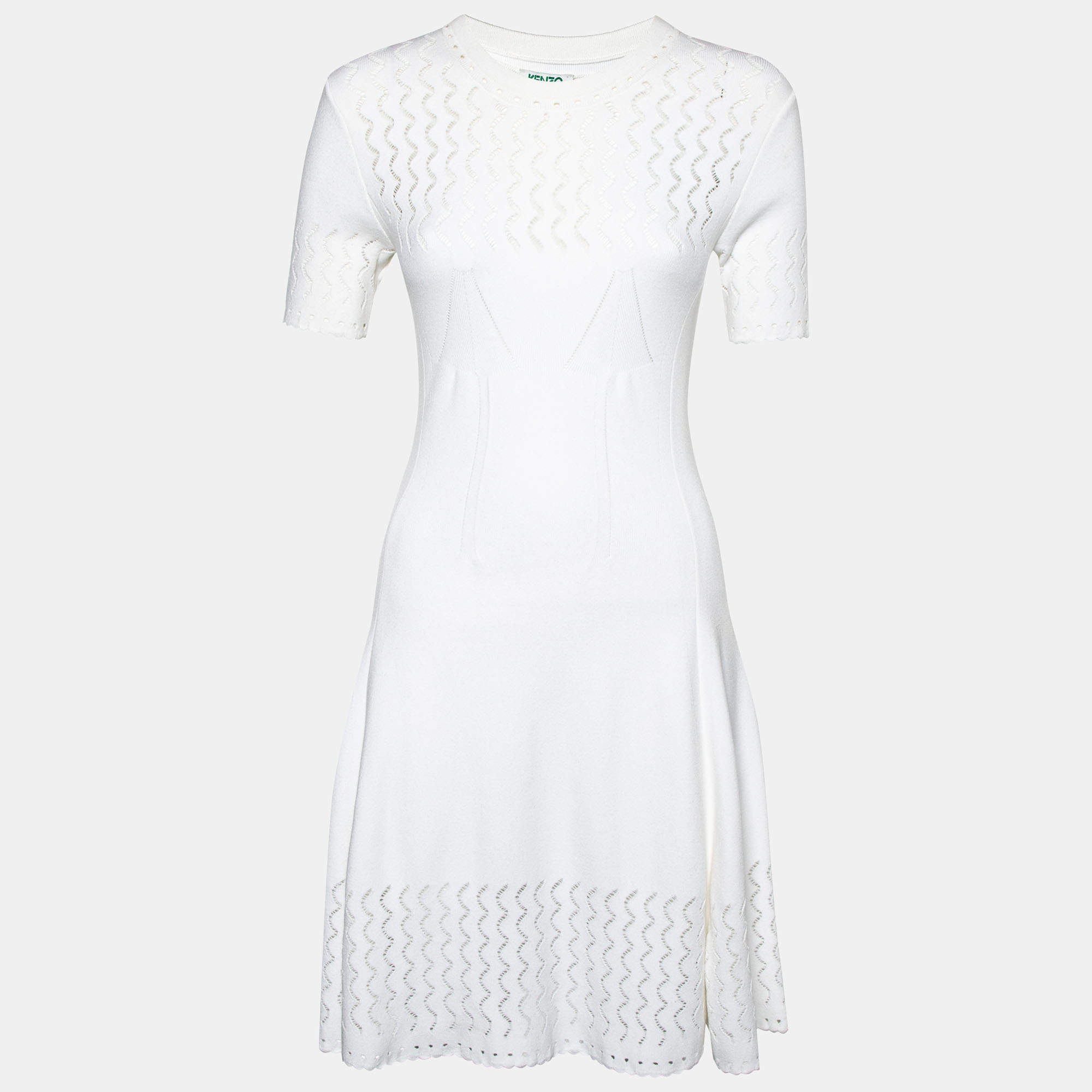 مملوكة مسبقًا Kenzo White Perforated Knit Fit & Flare Dress M