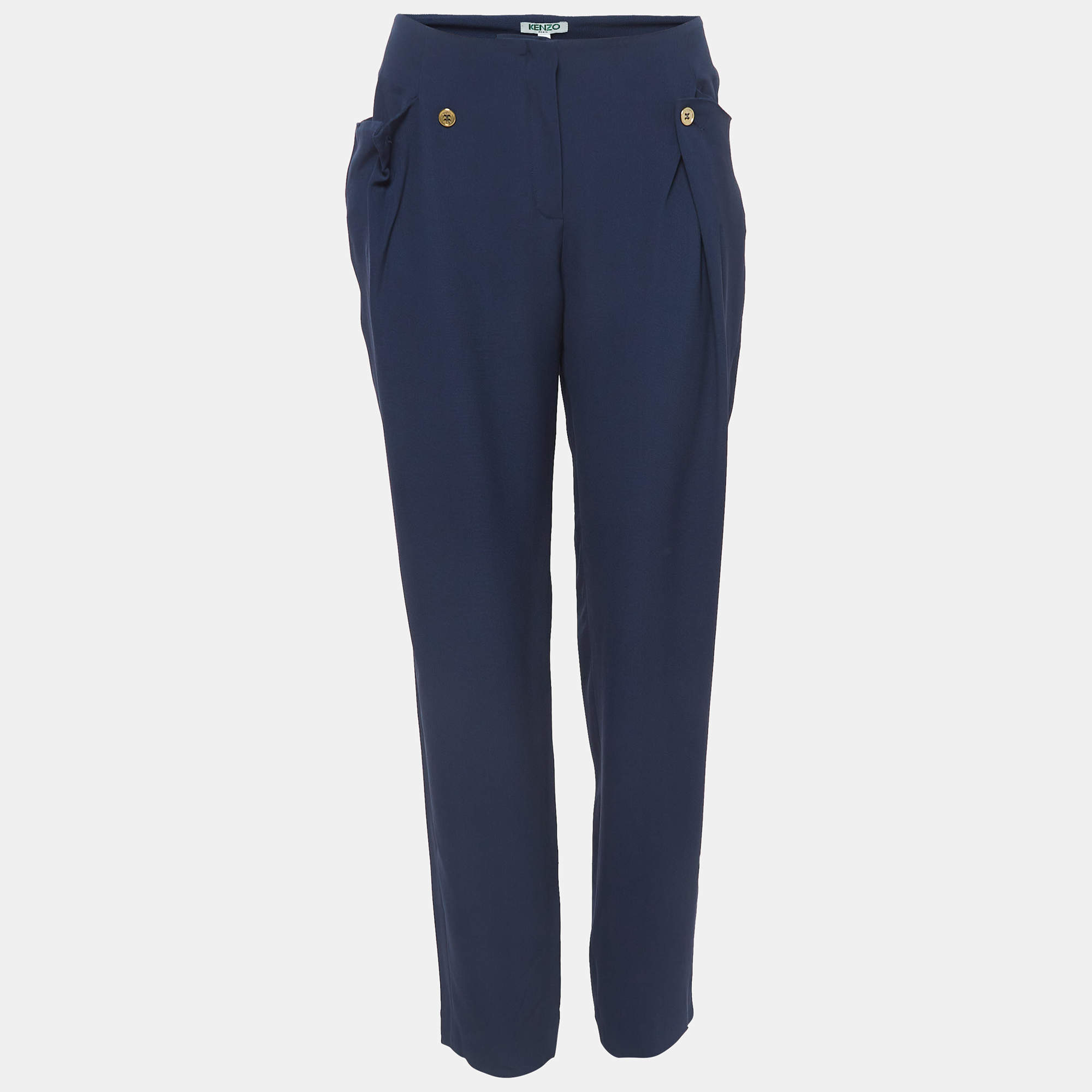 Pre Owned Kenzo Navy Blue Crepe Trousers L