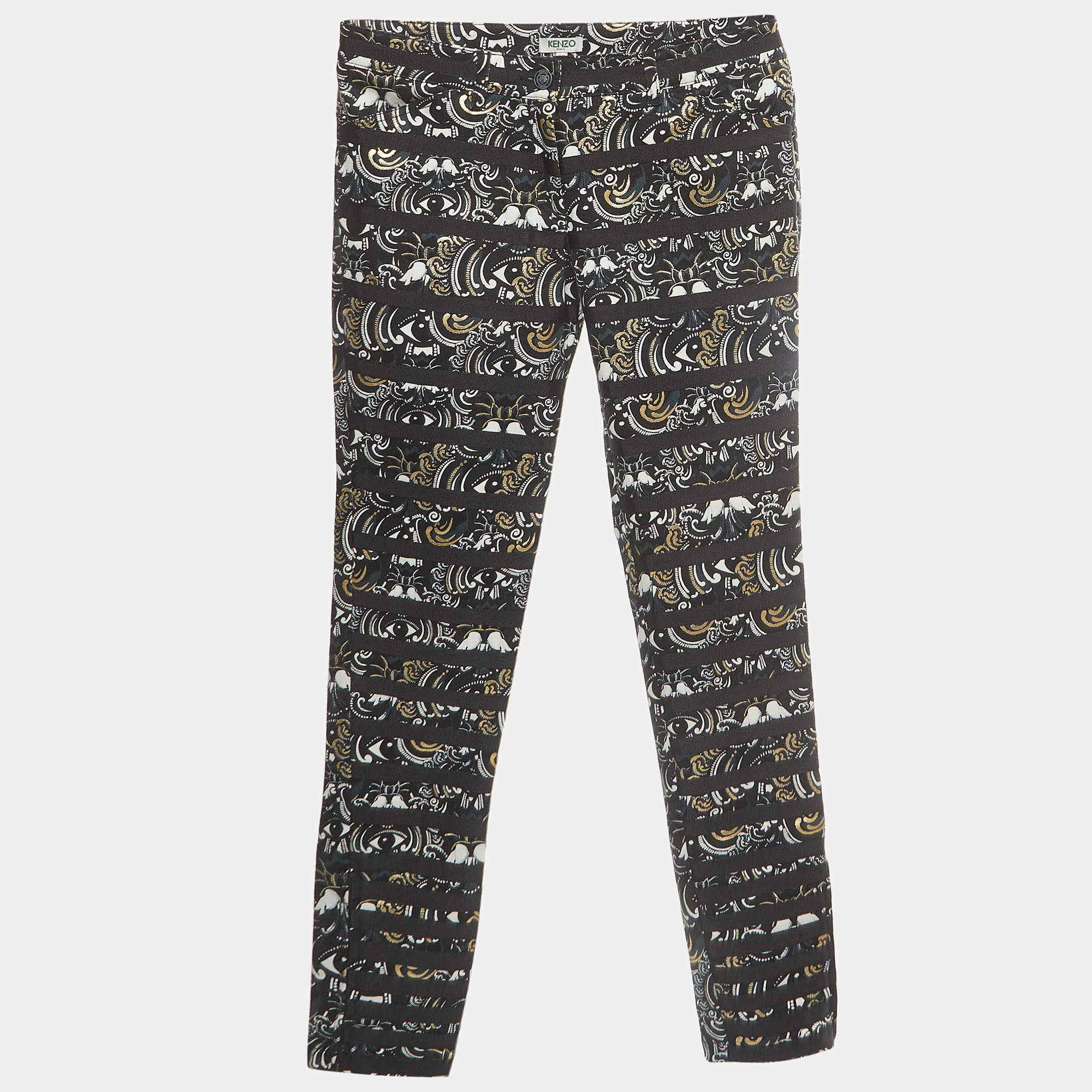 Kenzo Black 'The Eye' Print Gabardine Stripe Applique Trousers M