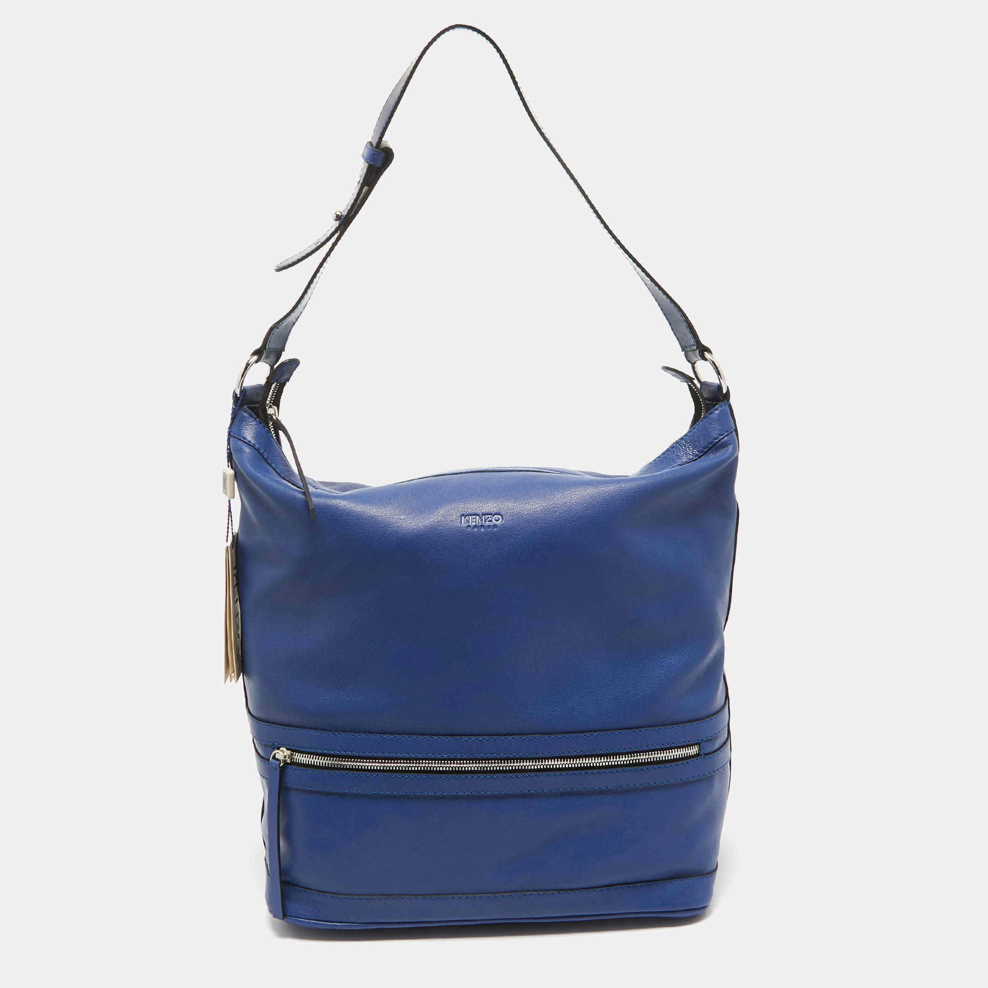 Pre Owned Kenzo Blue Leather Front Zip Bucket Bag