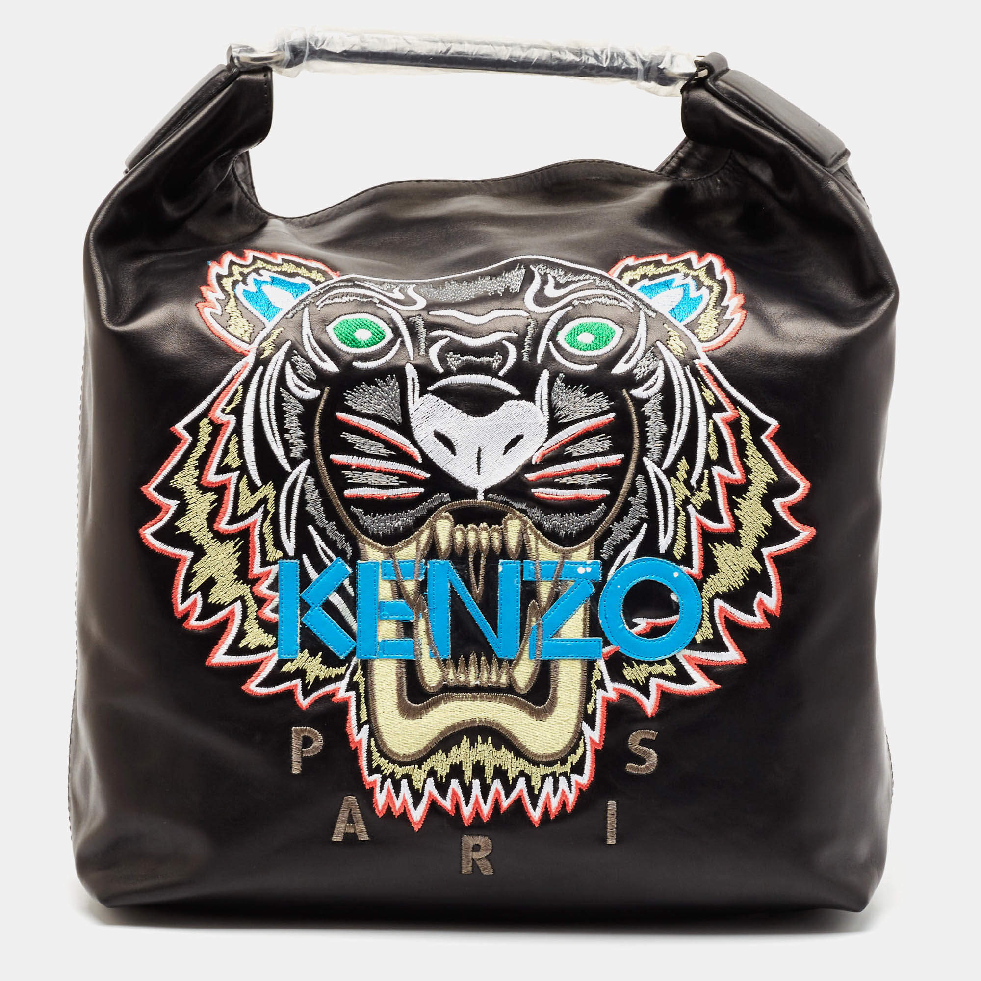 Pre Owned Kenzo Black Leather Embroidered Tiger Tote