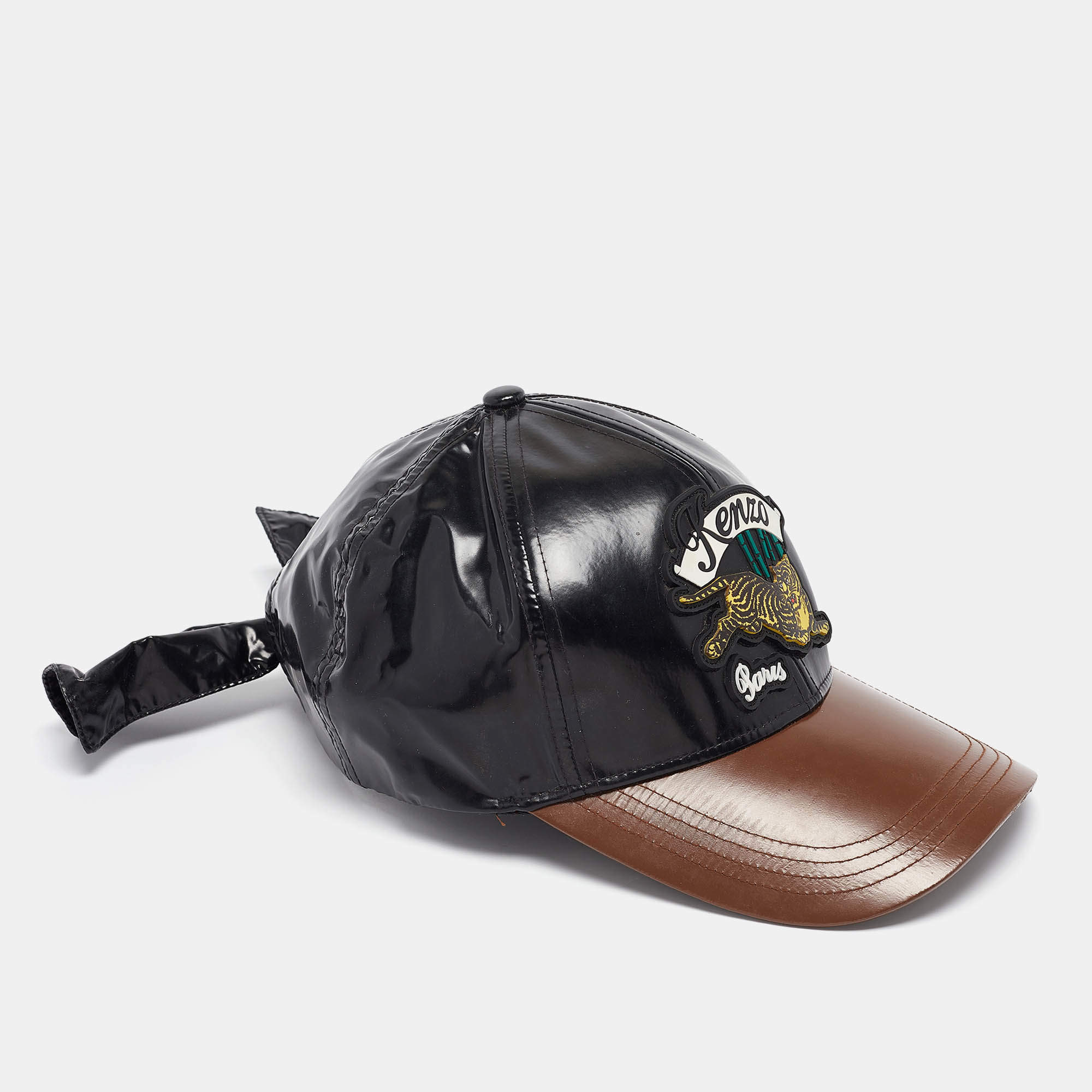 Pre Owned Kenzo Black/Brown Faux Leather Applique Detail Baseball Cap 