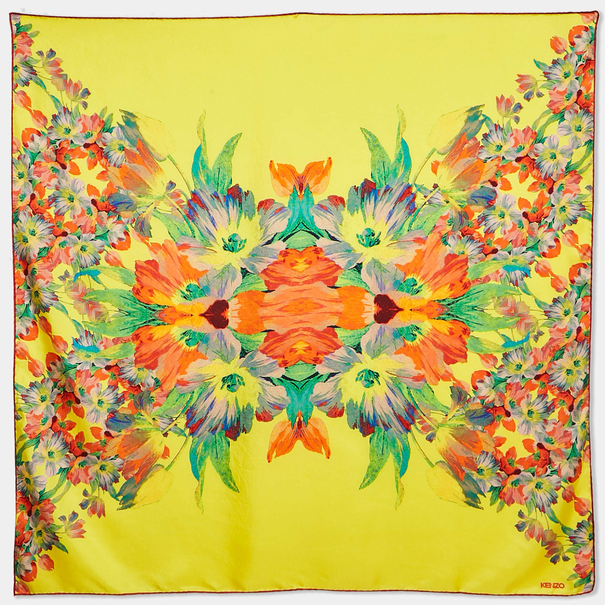 Pre Owned Kenzo Yellow Floral Print Silk Scarf