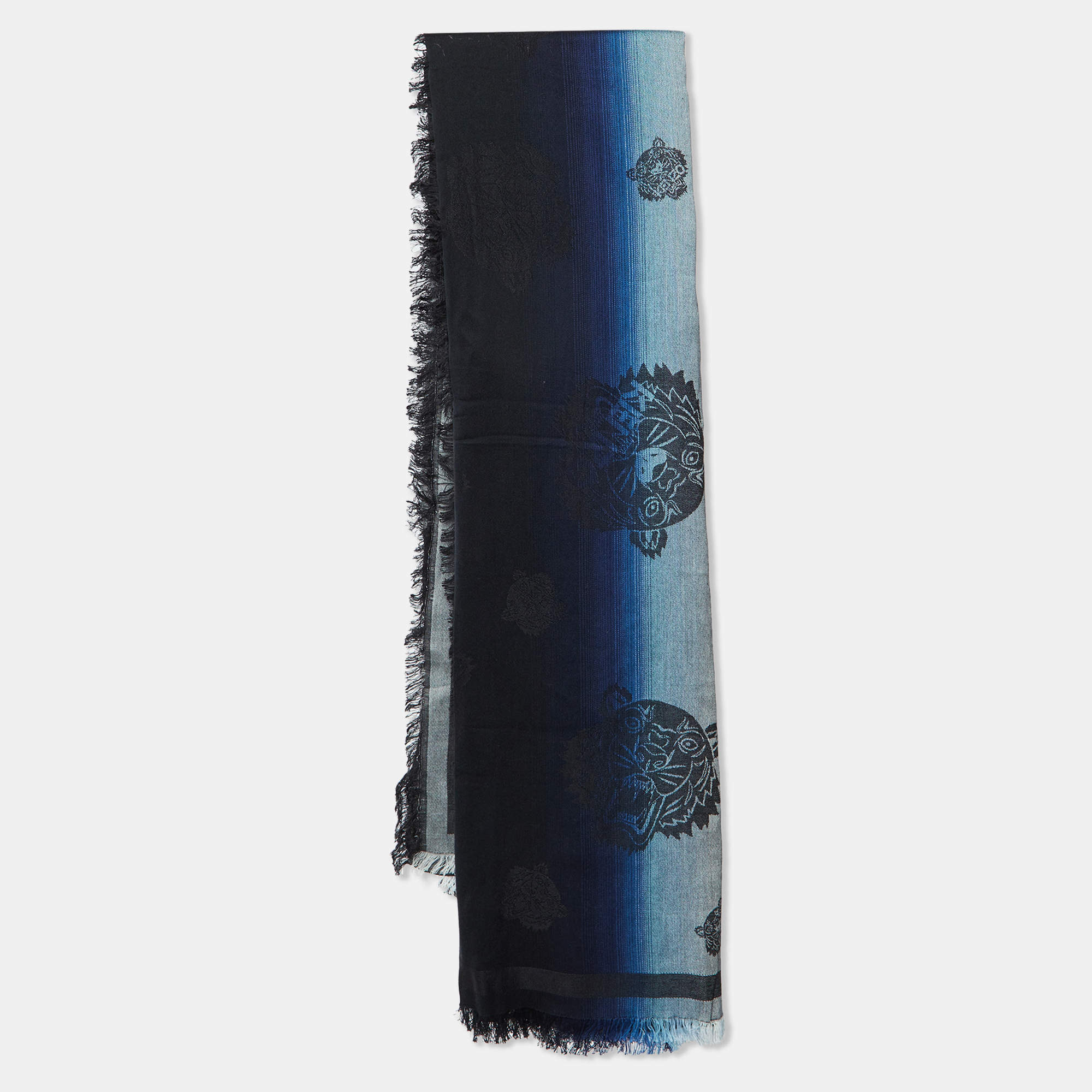 Pre Owned Kenzo Black Tiger Motif Jacquard Modal & Cotton Scarf